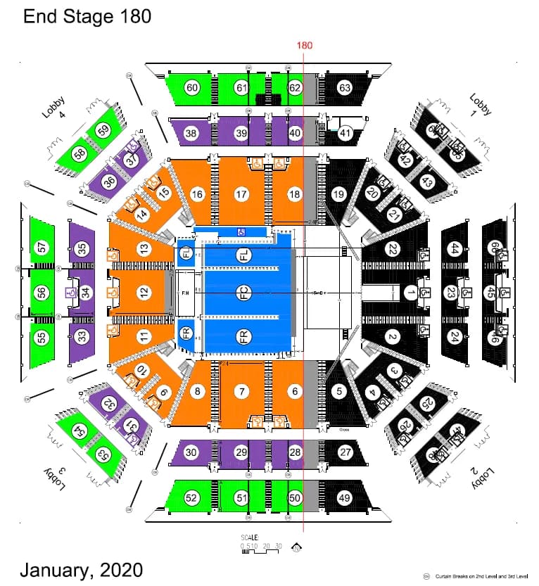 ExtraMile Arena: Seating chart, End stage concert with 180-degree seating. Use the source chart for section and row details.