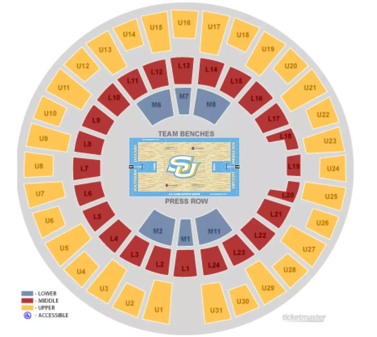 F. G. Clark Activity Center: Seating chart, F. G. Clark Activity Center — official linked basketball chart. Use the source chart for section and row details.