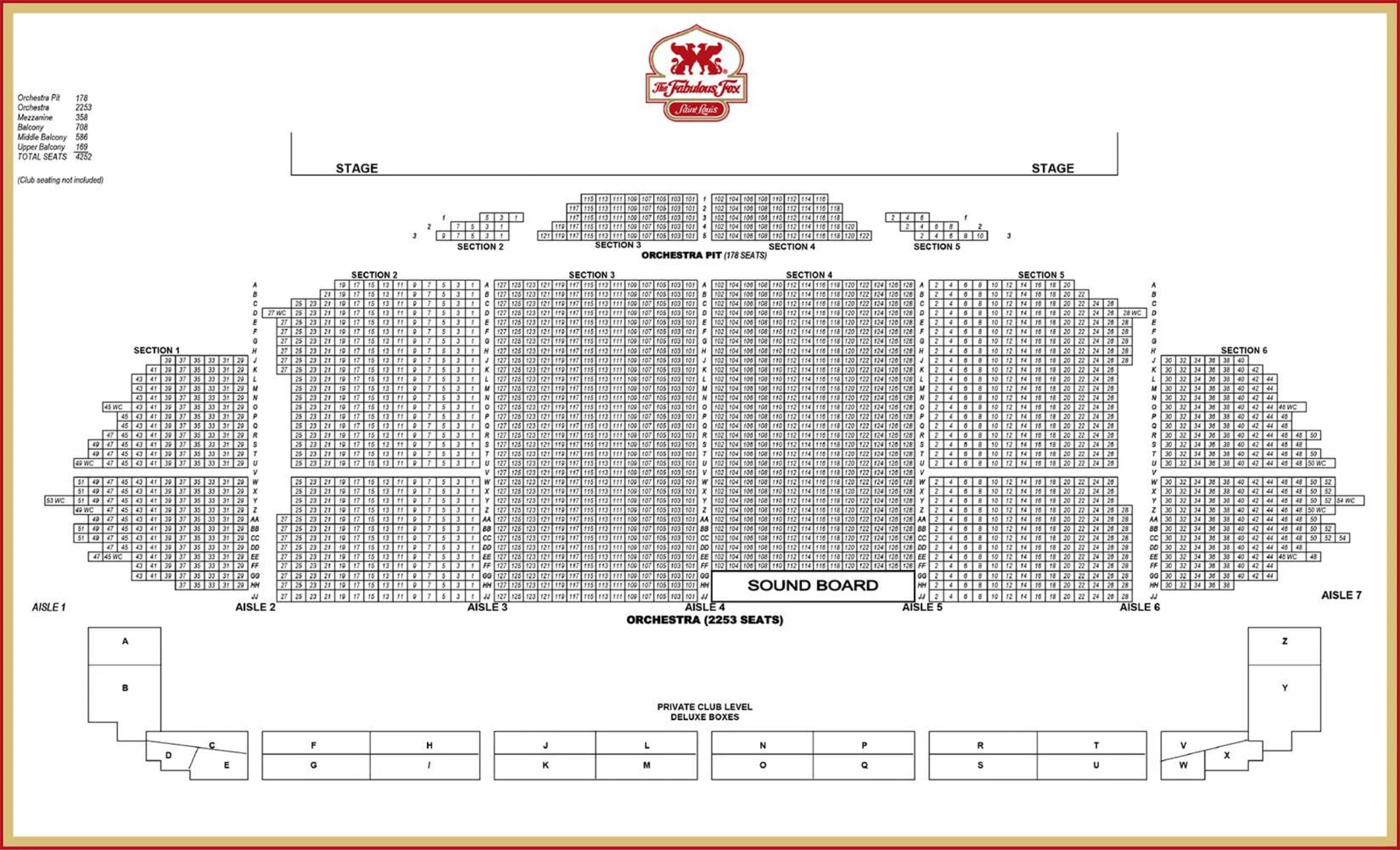The Fabulous Fox Theatre: Seating chart, Theatre · orchestra and balcony. Use the source chart for section and row details.