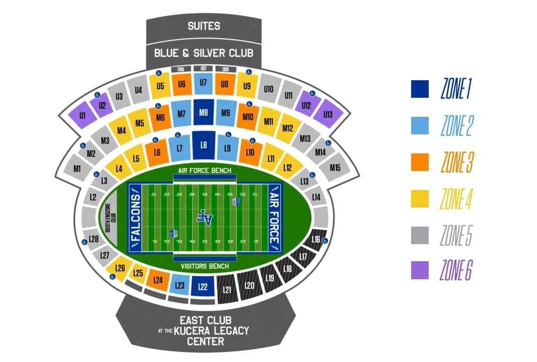 Falcon Stadium: Seating chart, Football sections and ticket zones — current 2026 owner chart. Use the source chart for section and row details.