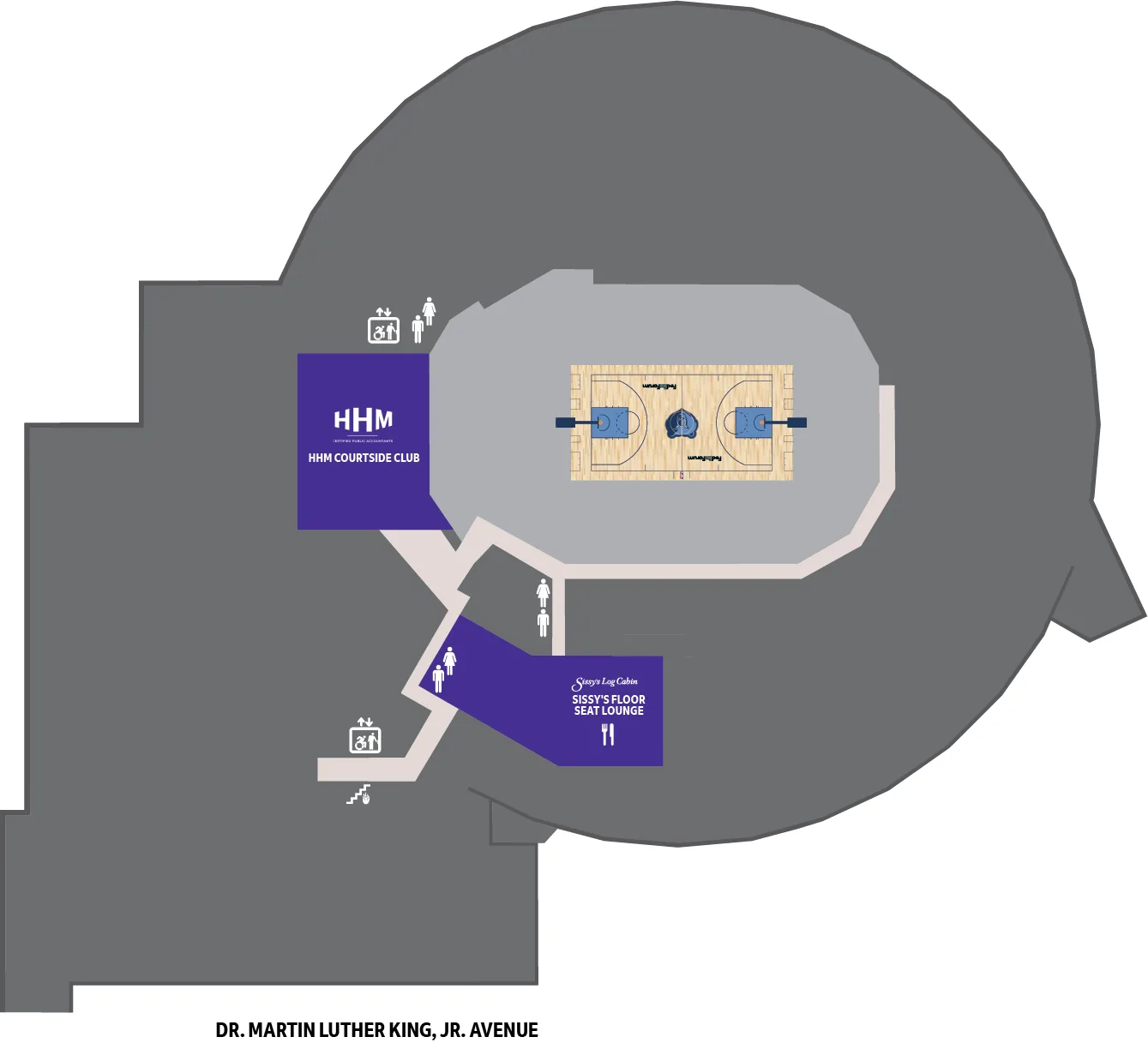 FedExForum: Venue layout, Event level. Use the original map for routes and visitor facilities.