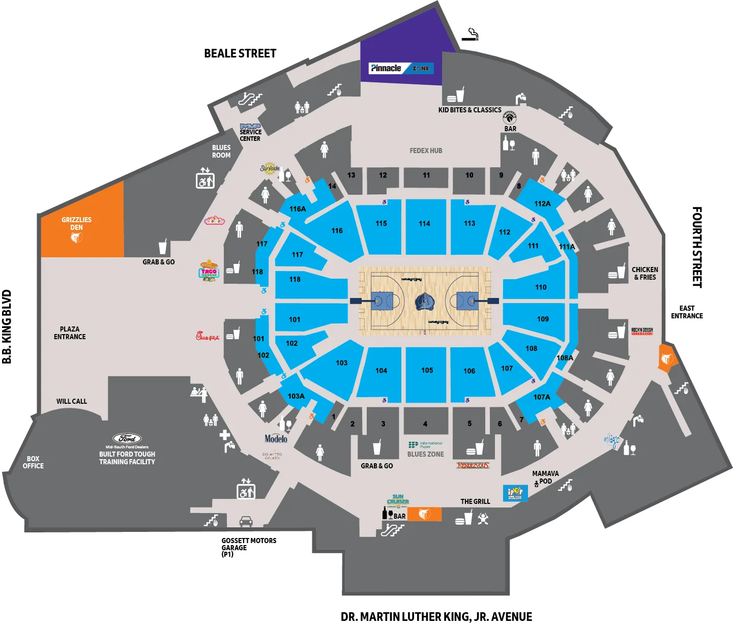 FedExForum: Venue layout, Plaza level. Use the original map for routes and visitor facilities.