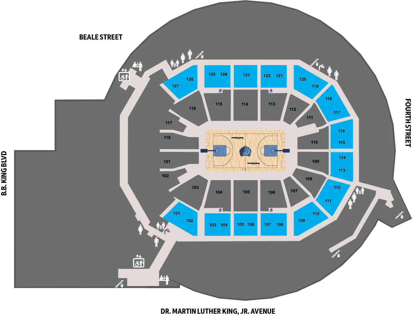 FedExForum: Venue layout, Courtside suite level. Use the original map for routes and visitor facilities.