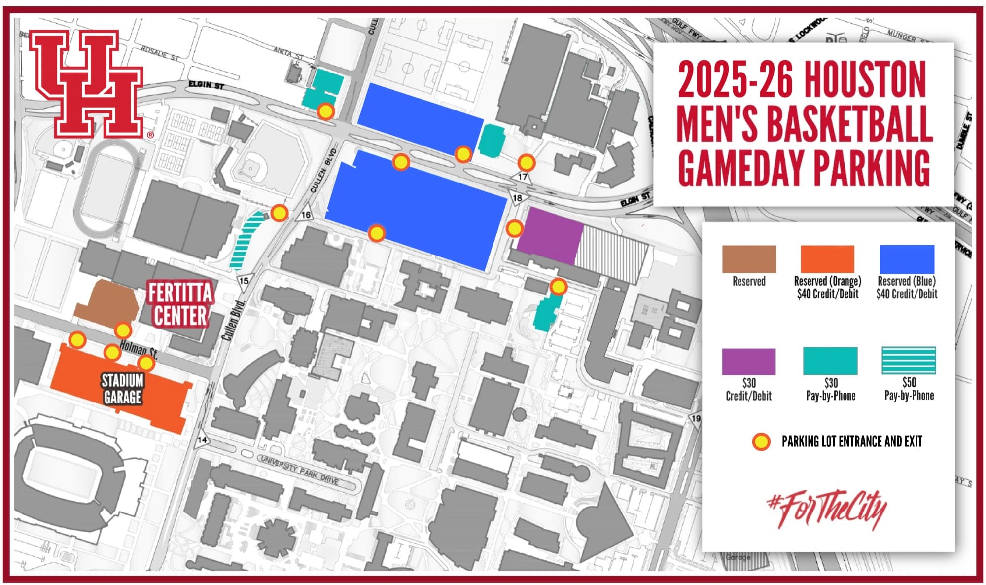 Fertitta Center: Venue layout, 2025–26 men’s basketball parking reference · lots and entrances. Use the original map for routes and visitor facilities.