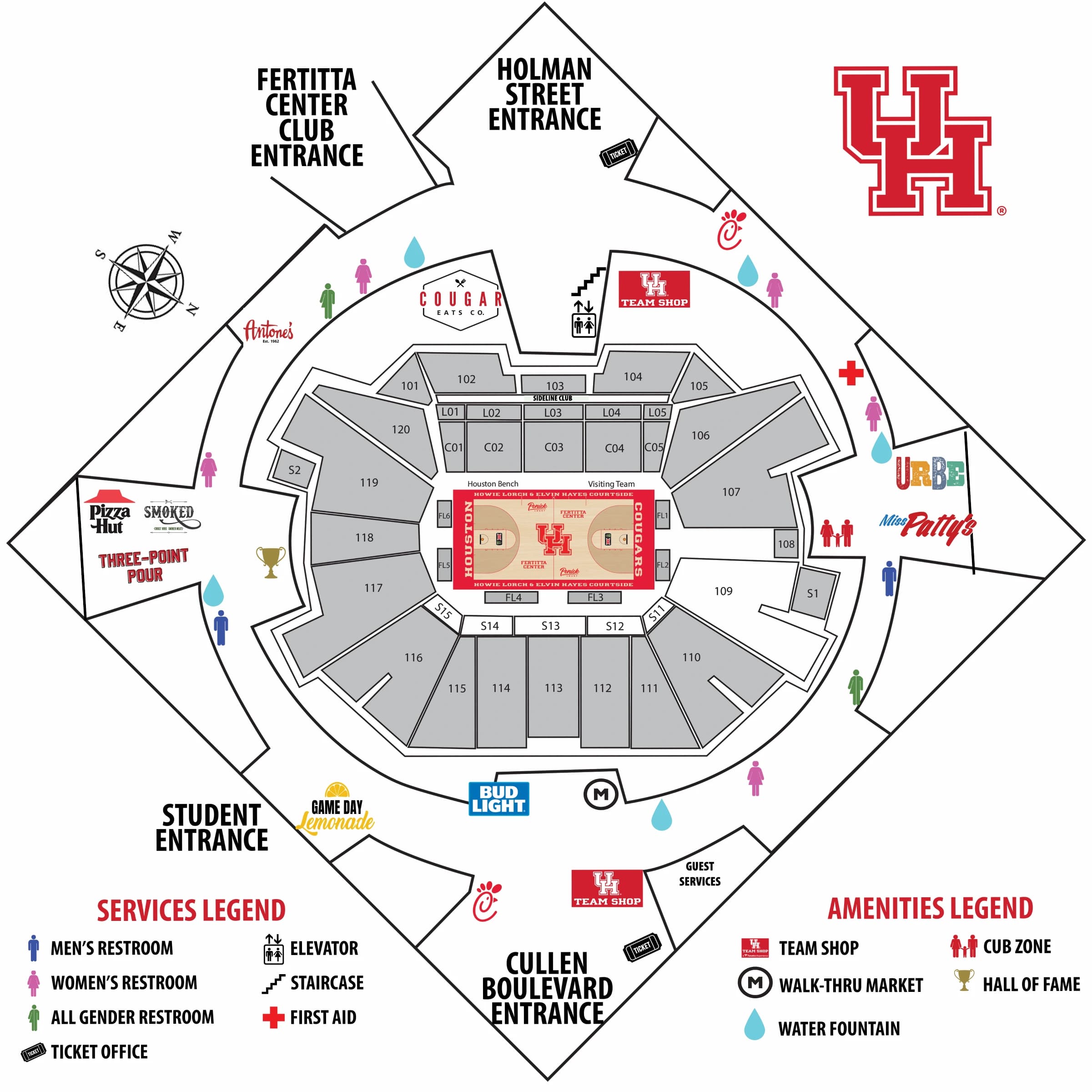Fertitta Center: Venue layout, 2026 concourse · entrances, section access and visitor services. Use the original map for routes and visitor facilities.