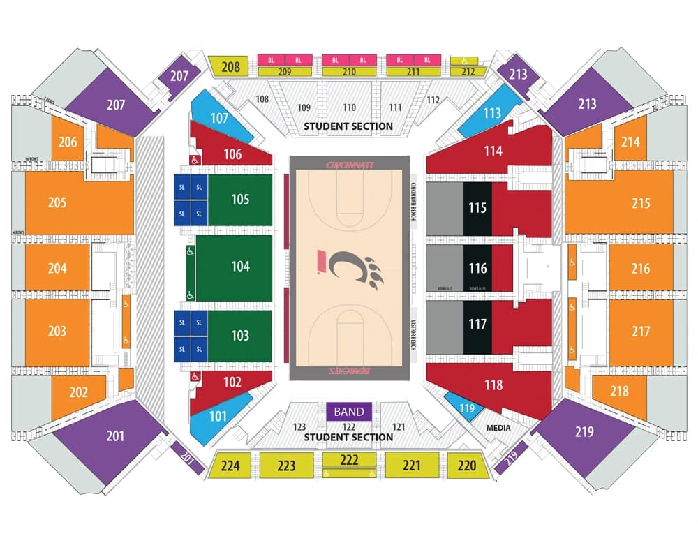 Fifth Third Arena: Seating chart, Basketball. Use the source chart for section and row details.