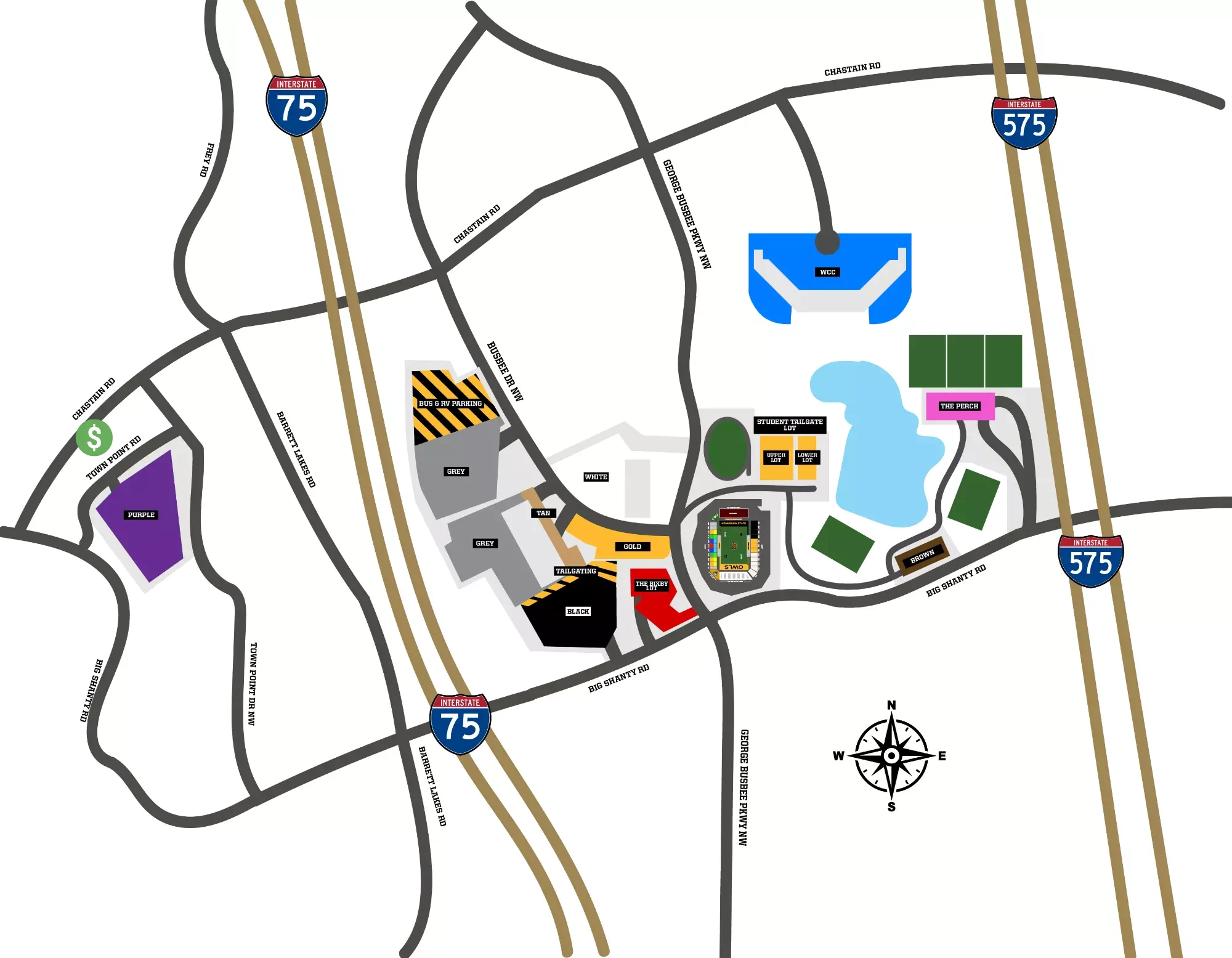 Walens Family Field at Fifth Third Stadium: Venue layout, Kennesaw State — official August 2026 football parking plan. Use the original map for routes and visitor facilities.