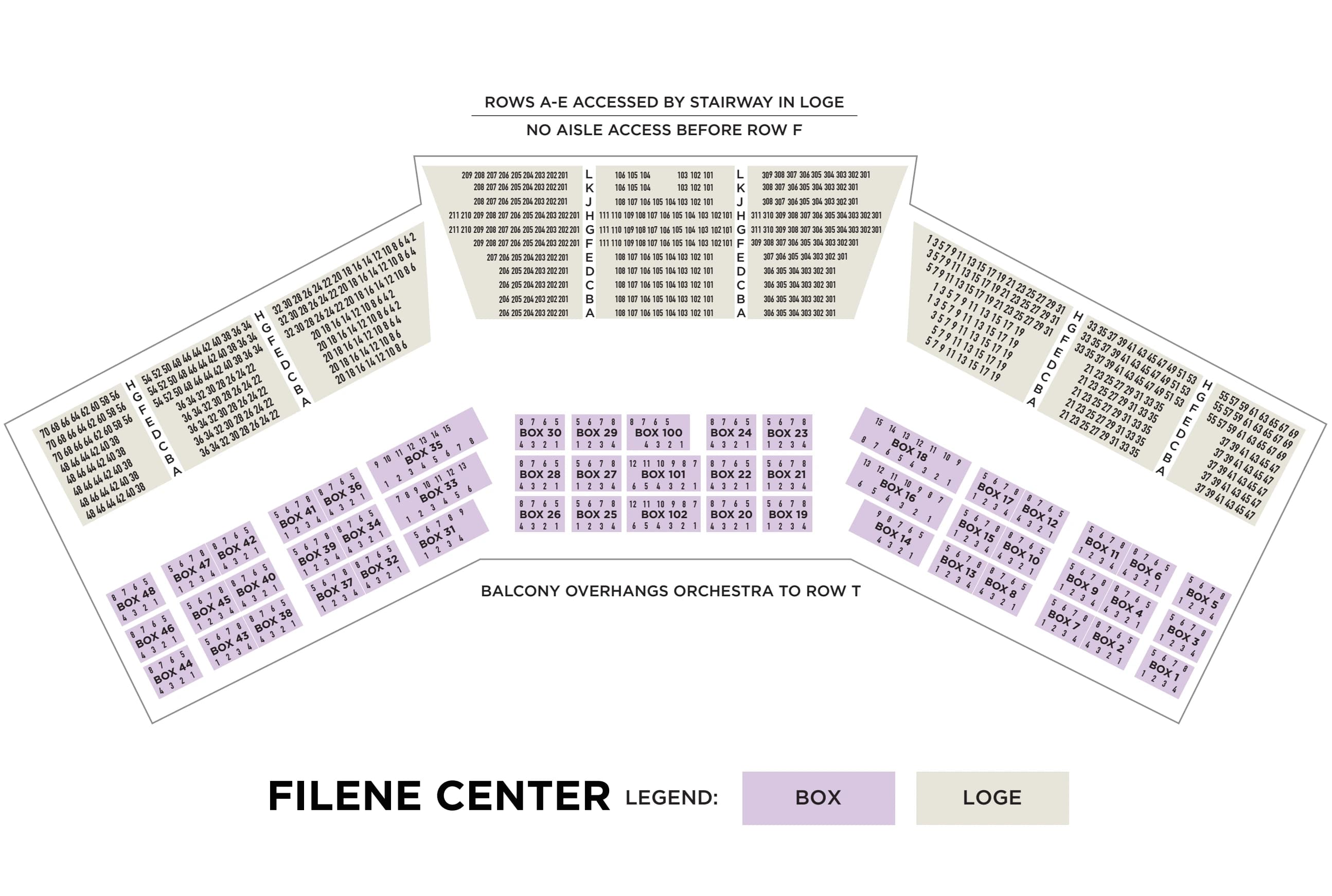 Filene Center at Wolf Trap: Seating chart, Filene Center at Wolf Trap — Boxes and Loge. Use the source chart for section and row details.