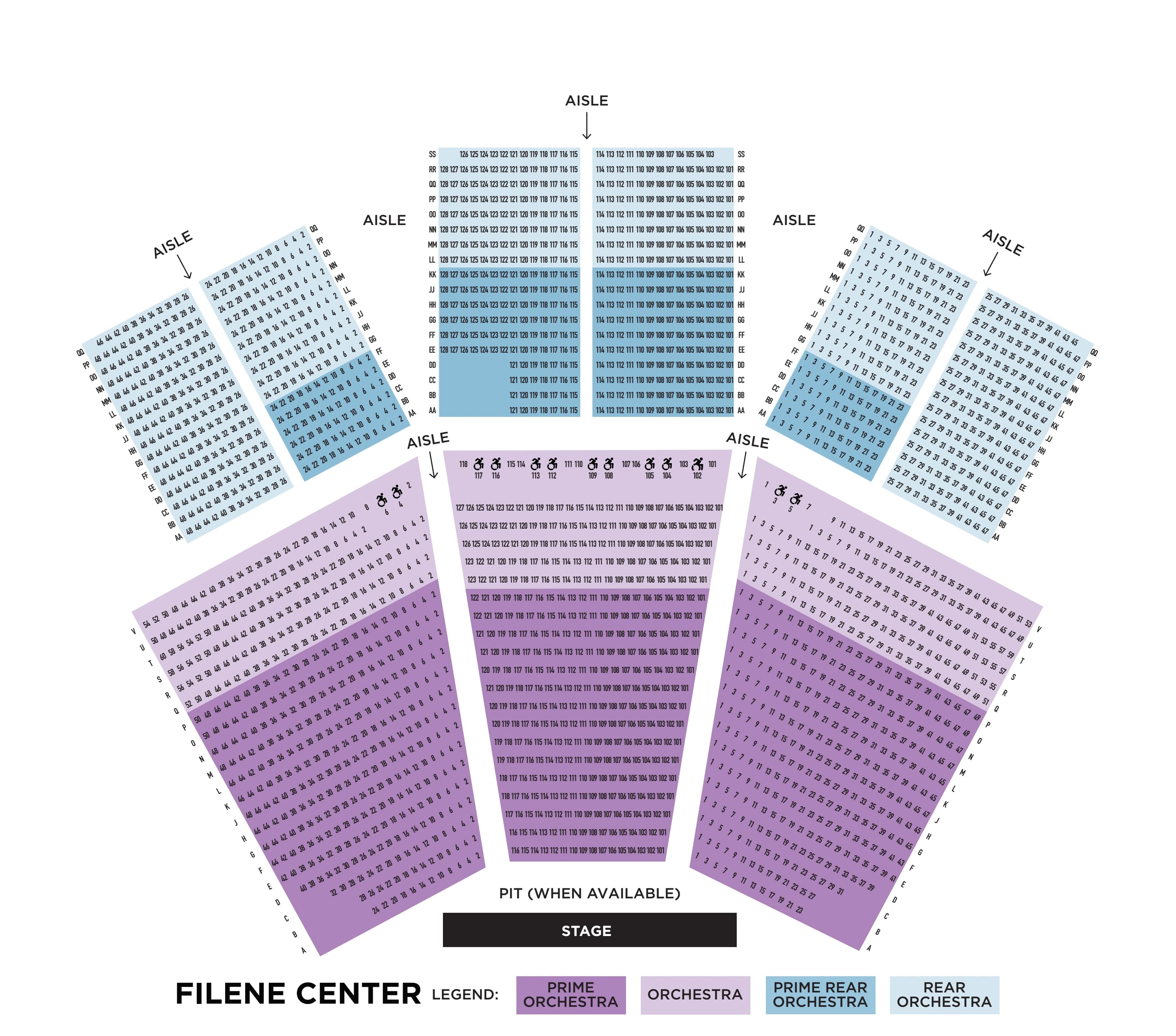 Filene Center at Wolf Trap: Seating chart, Filene Center at Wolf Trap — Orchestra and pit seating. Use the source chart for section and row details.