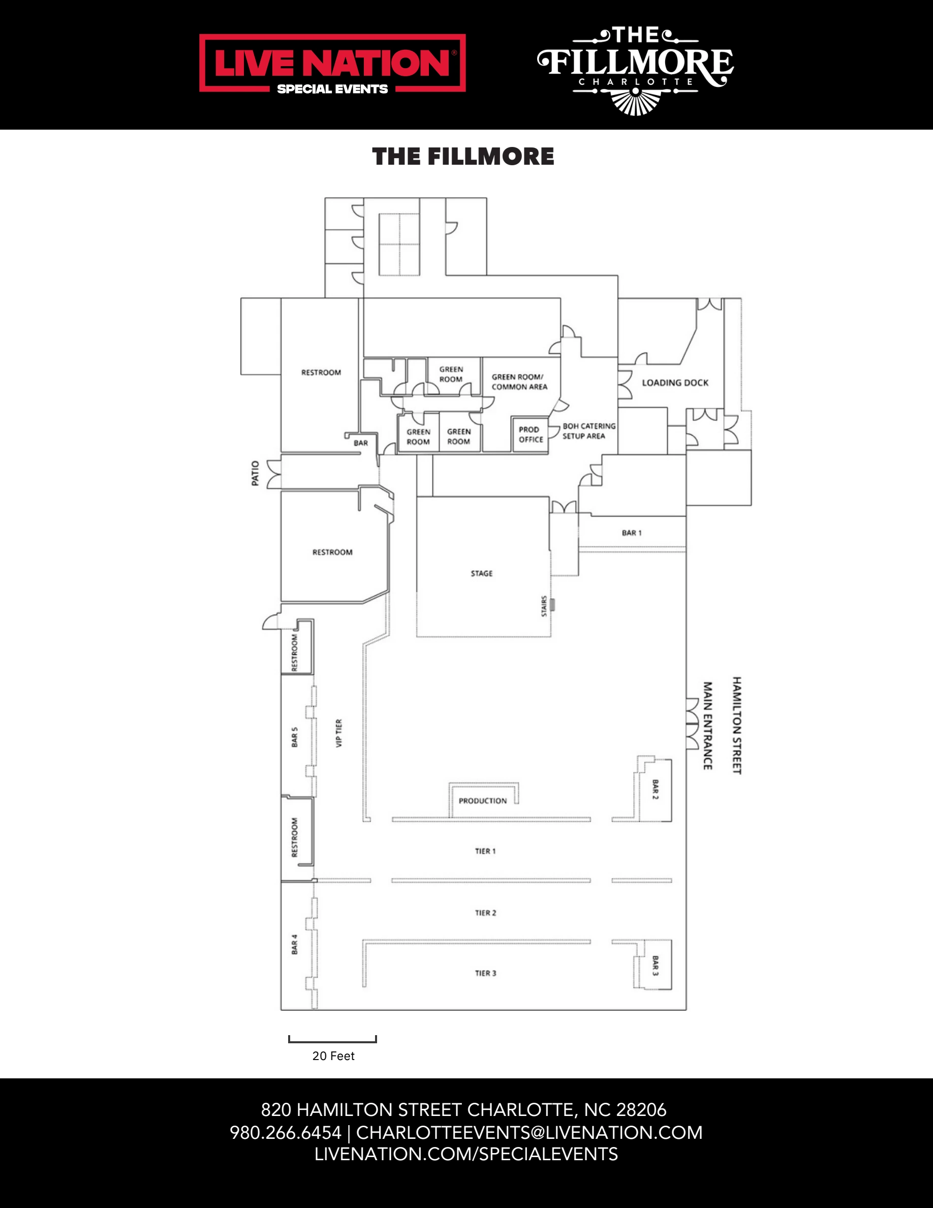 The Fillmore Charlotte: Venue layout, The Fillmore Charlotte — tiered Music Hall floor plan. Use the original map for routes and visitor facilities.