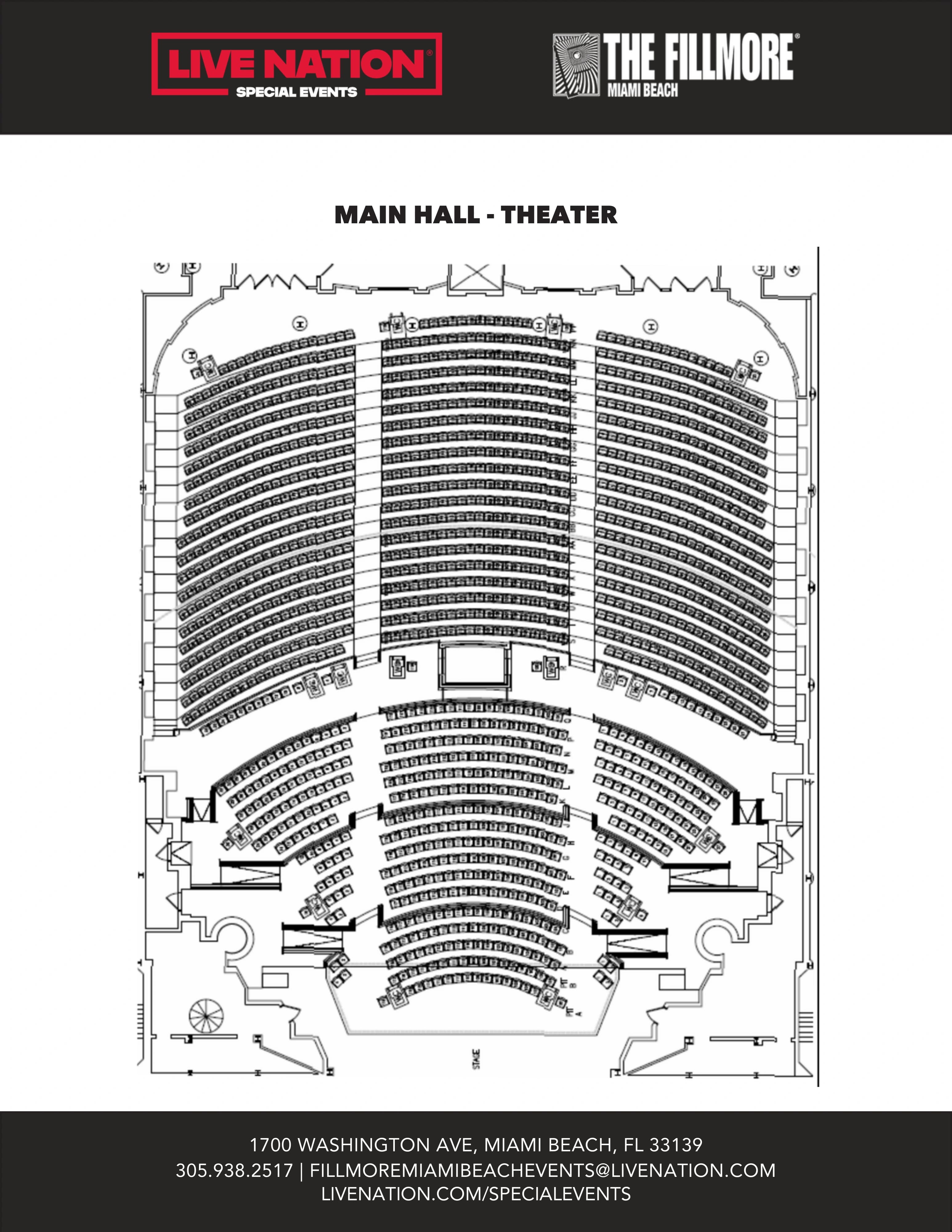 The Fillmore Miami Beach at Jackie Gleason Theater: Seating chart, Main Hall — theater seating · numbered reference. Use the source chart for section and row details.