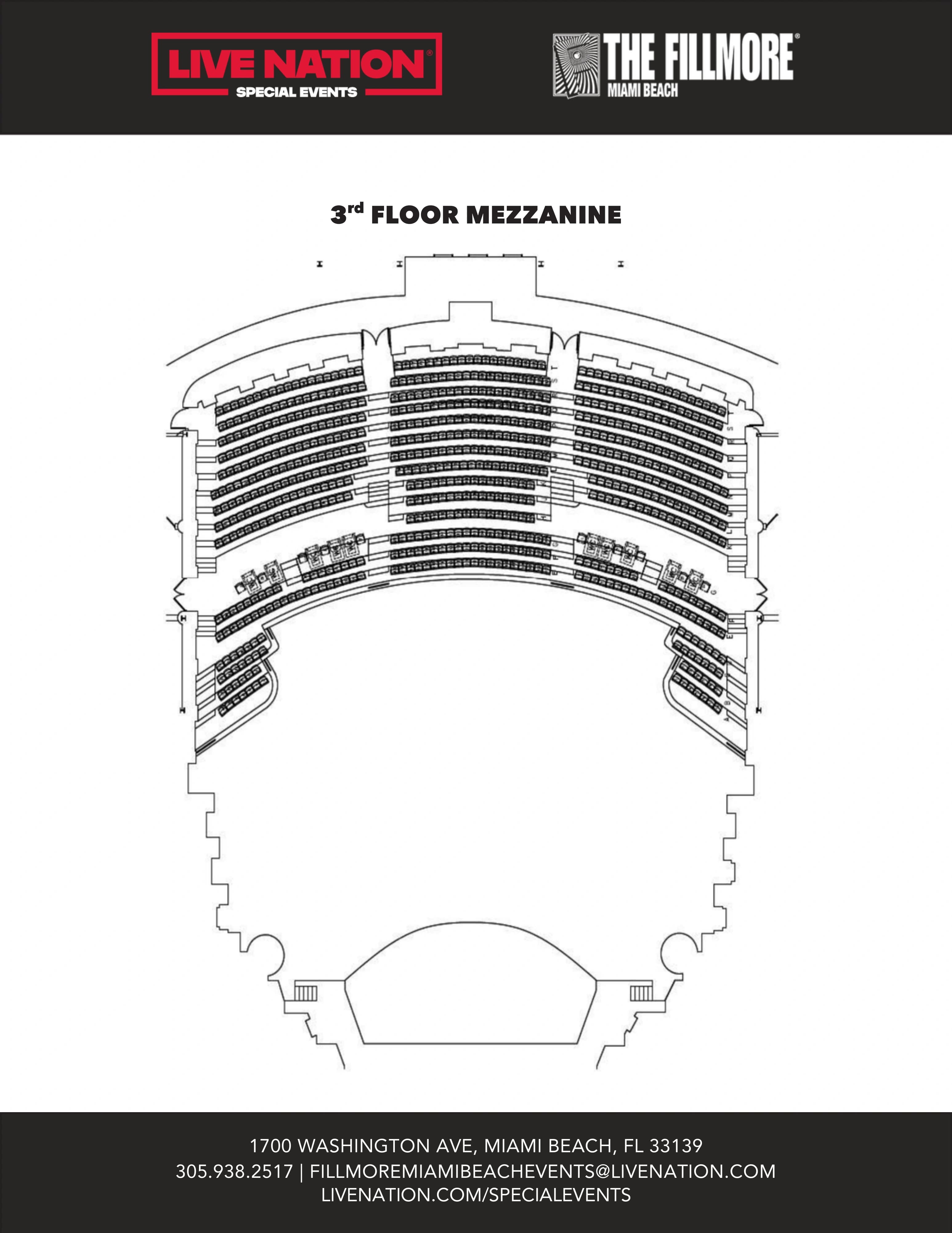 The Fillmore Miami Beach at Jackie Gleason Theater: Seating chart, Third-floor mezzanine seating · numbered reference. Use the source chart for section and row details.