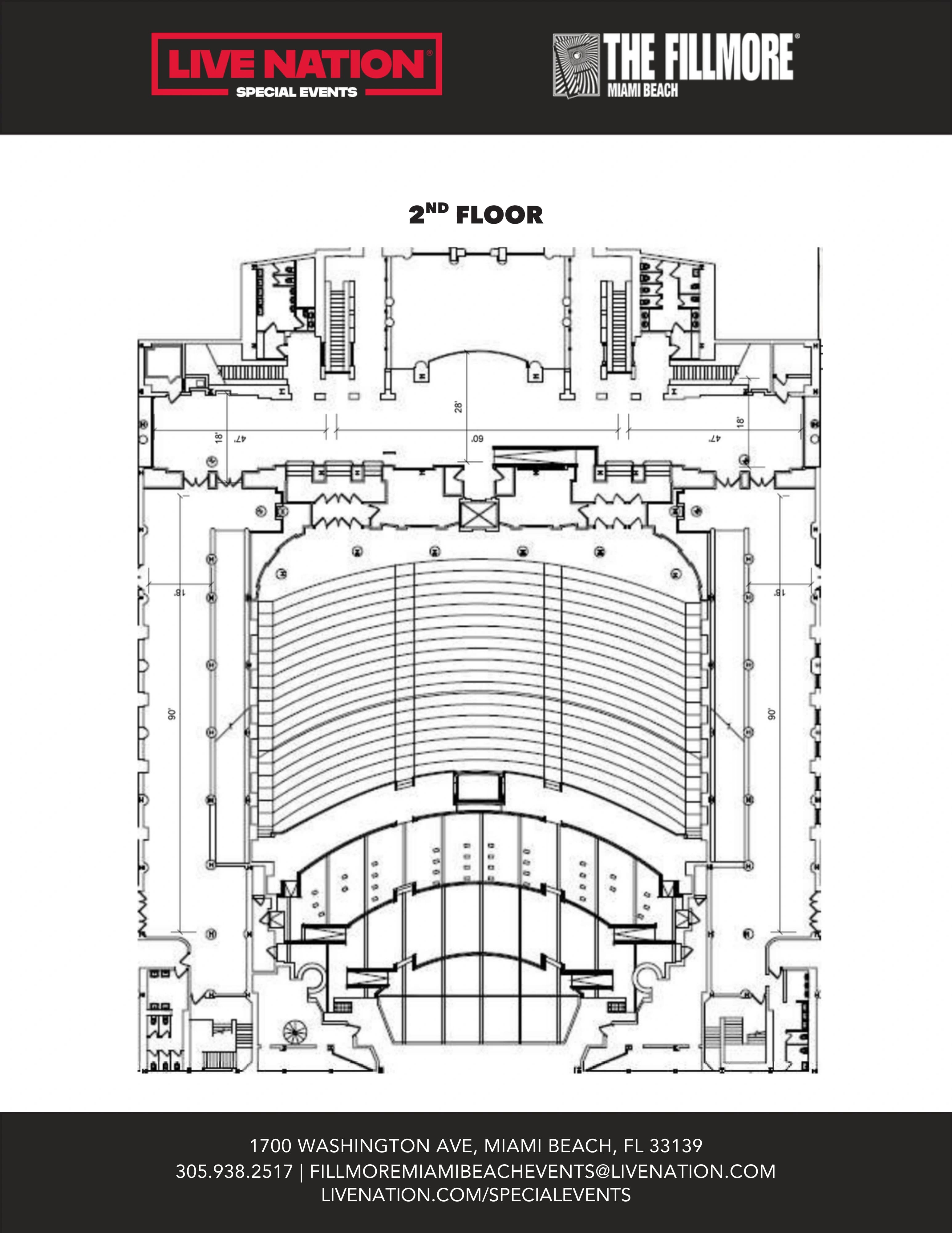 The Fillmore Miami Beach at Jackie Gleason Theater: Venue layout, Second floor · orientation. Use the original map for routes and visitor facilities.