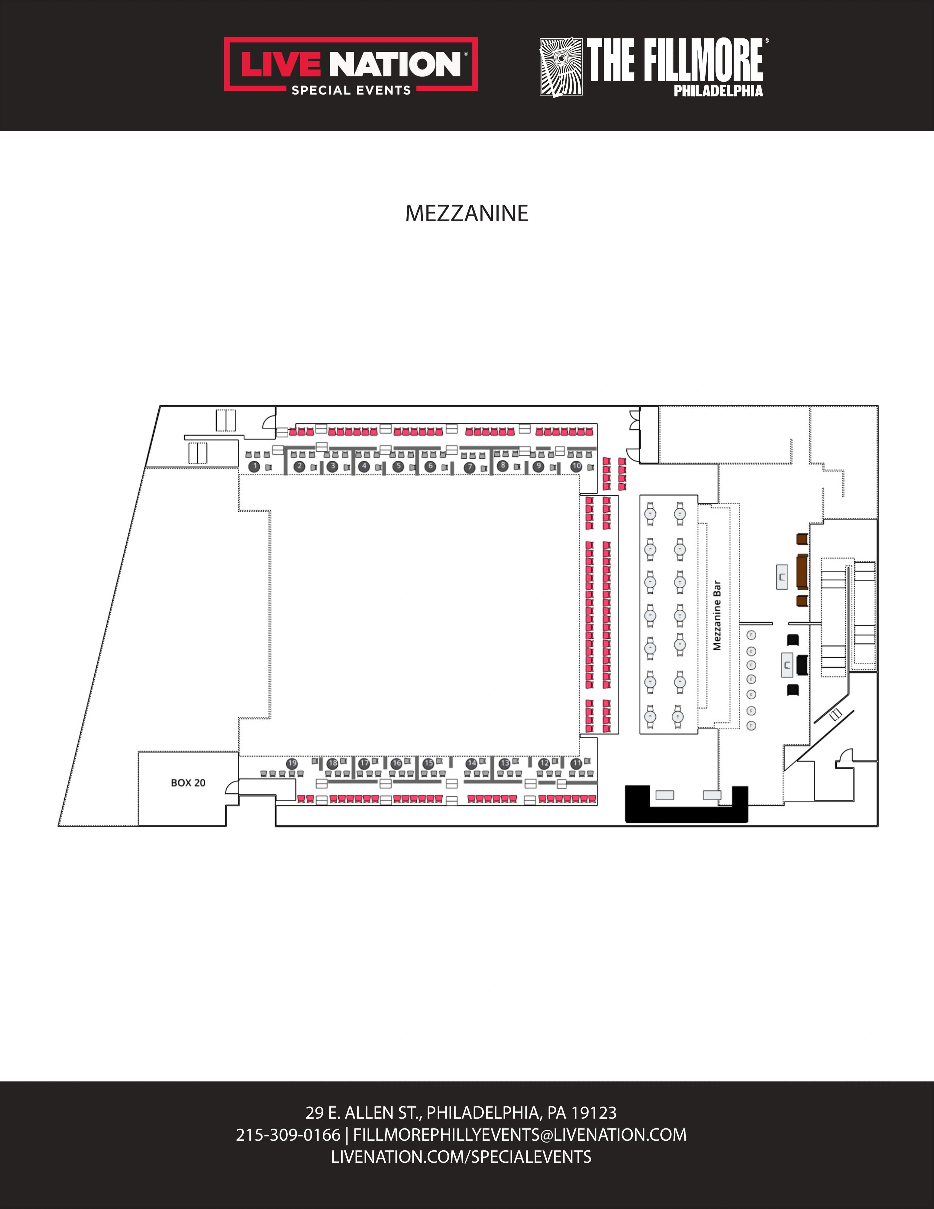 The Fillmore Philadelphia: Venue layout, Mezzanine · orientation. Use the original map for routes and visitor facilities.