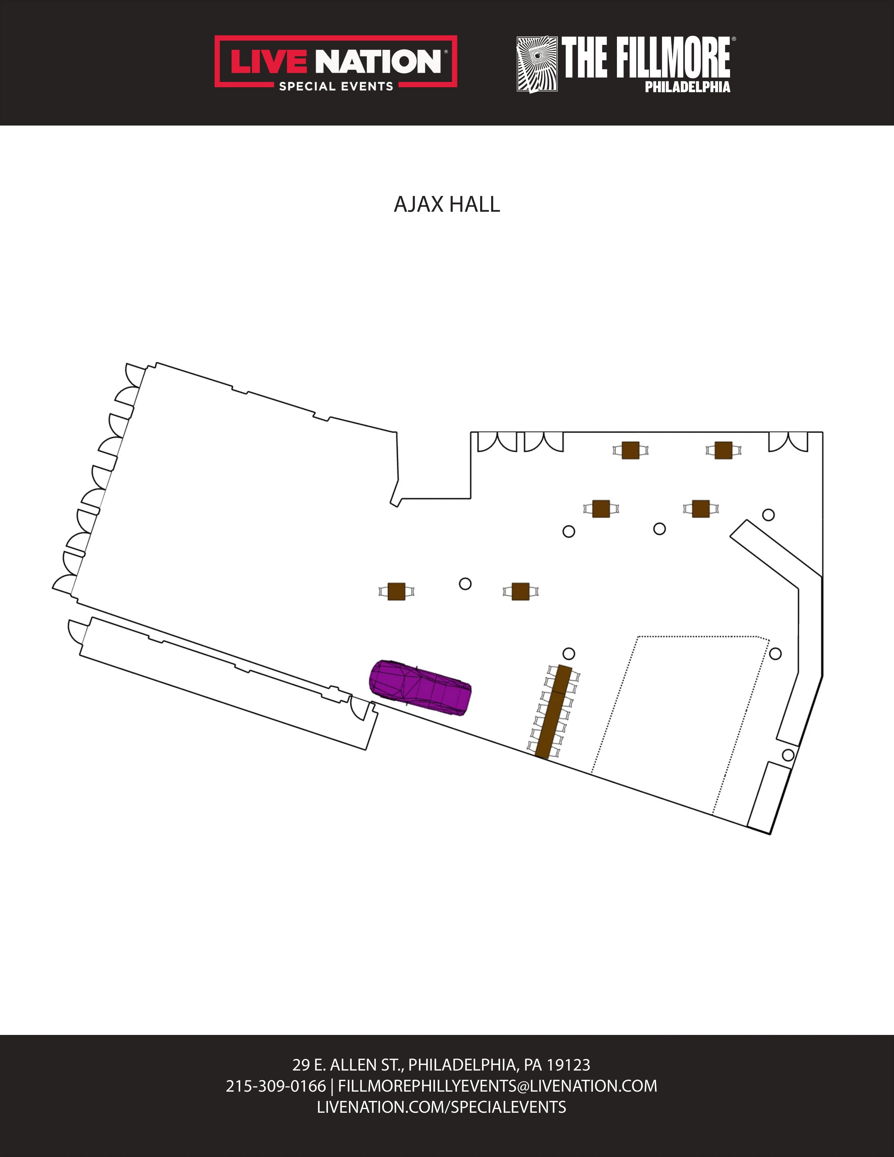 The Fillmore Philadelphia: Venue layout, Ajax Hall · orientation. Use the original map for routes and visitor facilities.