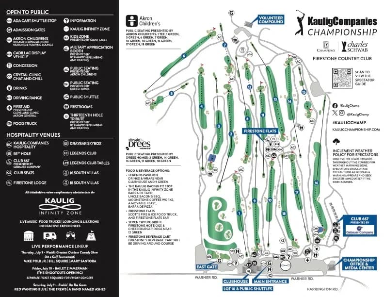 Firestone South Course: Venue layout, July 2026 Kaulig Companies Championship · Firestone South spectator plan. Use the original map for routes and visitor facilities.