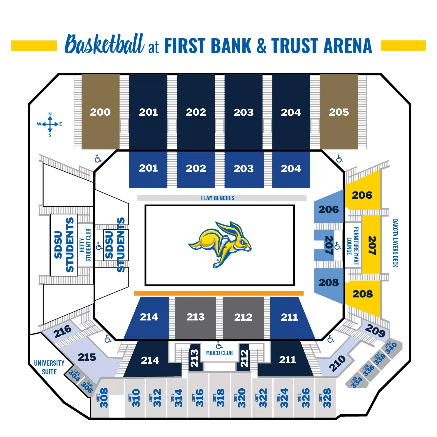 First Bank & Trust Arena: Seating chart, Basketball — renovated First Bank & Trust Arena. Use the source chart for section and row details.