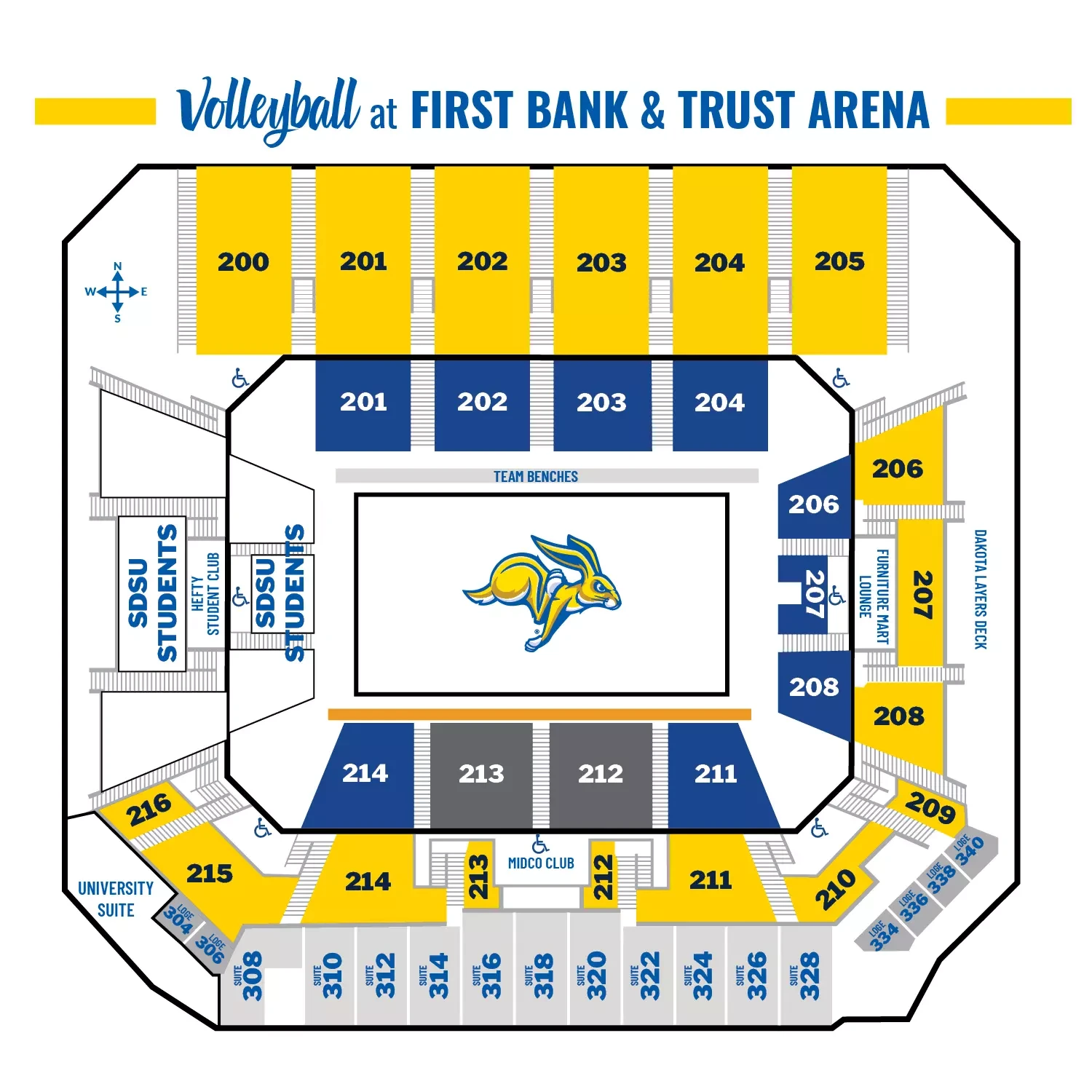 First Bank & Trust Arena: Seating chart, Volleyball — renovated First Bank & Trust Arena. Use the source chart for section and row details.