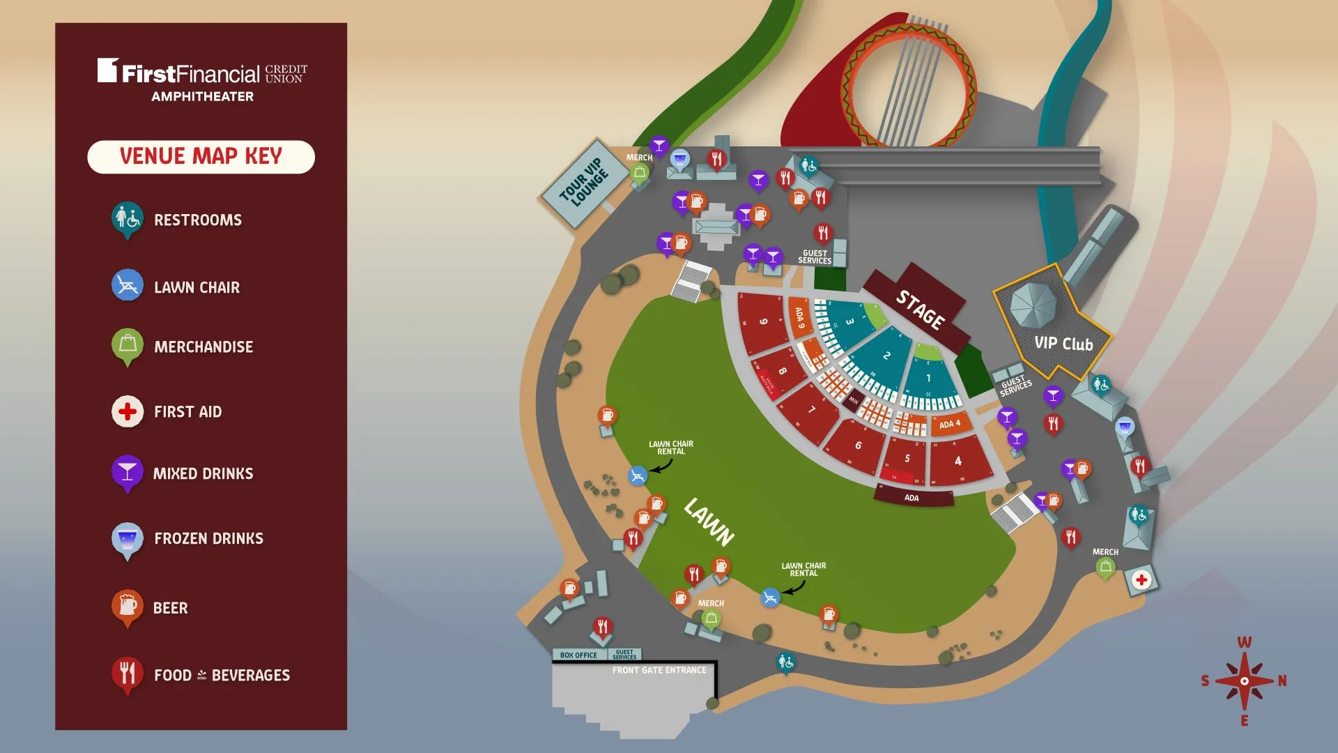 First Financial Credit Union Amphitheater: Venue layout, First Financial Credit Union Amphitheater — sections, lawn and amenities. Use the original map for routes and visitor facilities.