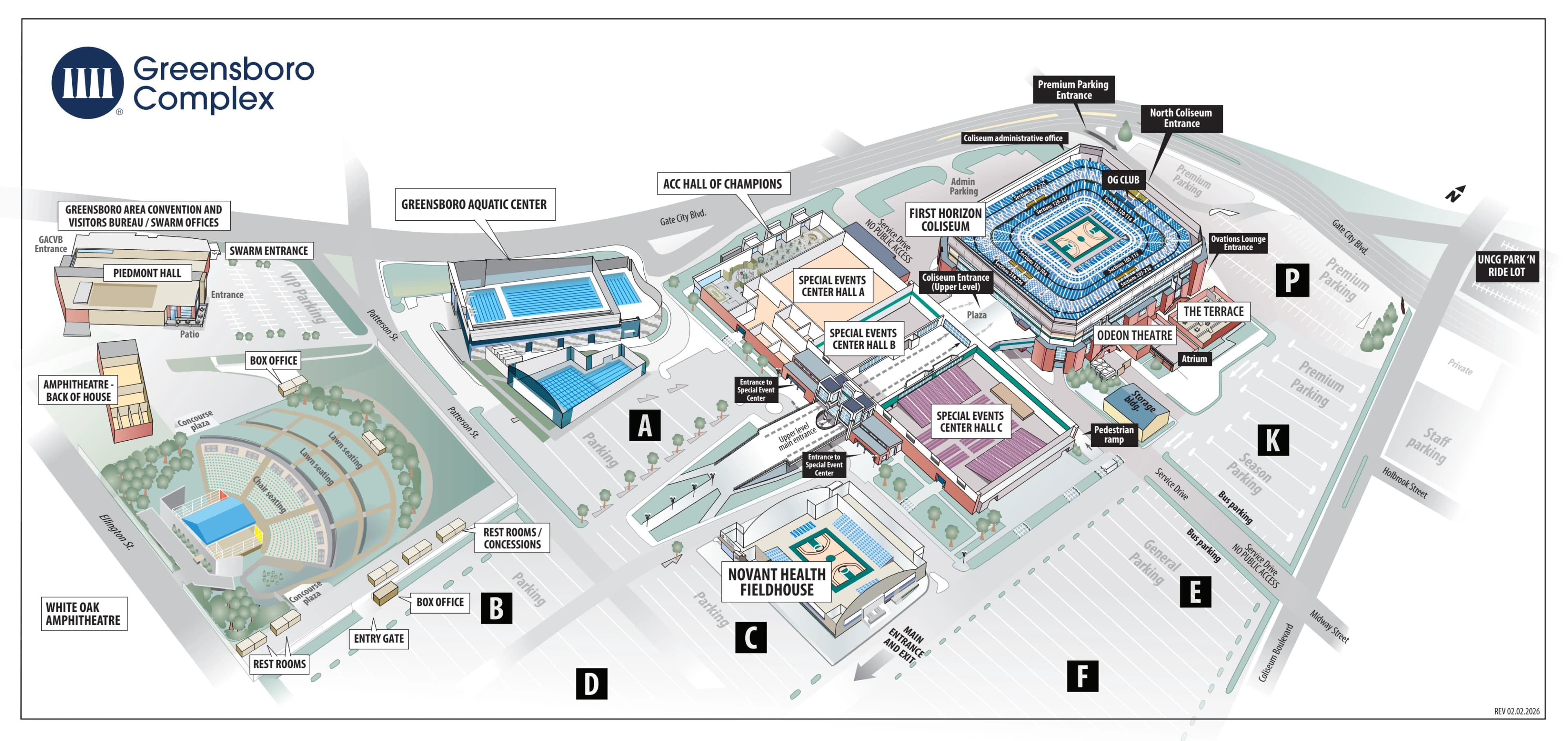 First Horizon Coliseum: Venue layout, Greensboro Complex — 2026 parking and building orientation. Use the original map for routes and visitor facilities.
