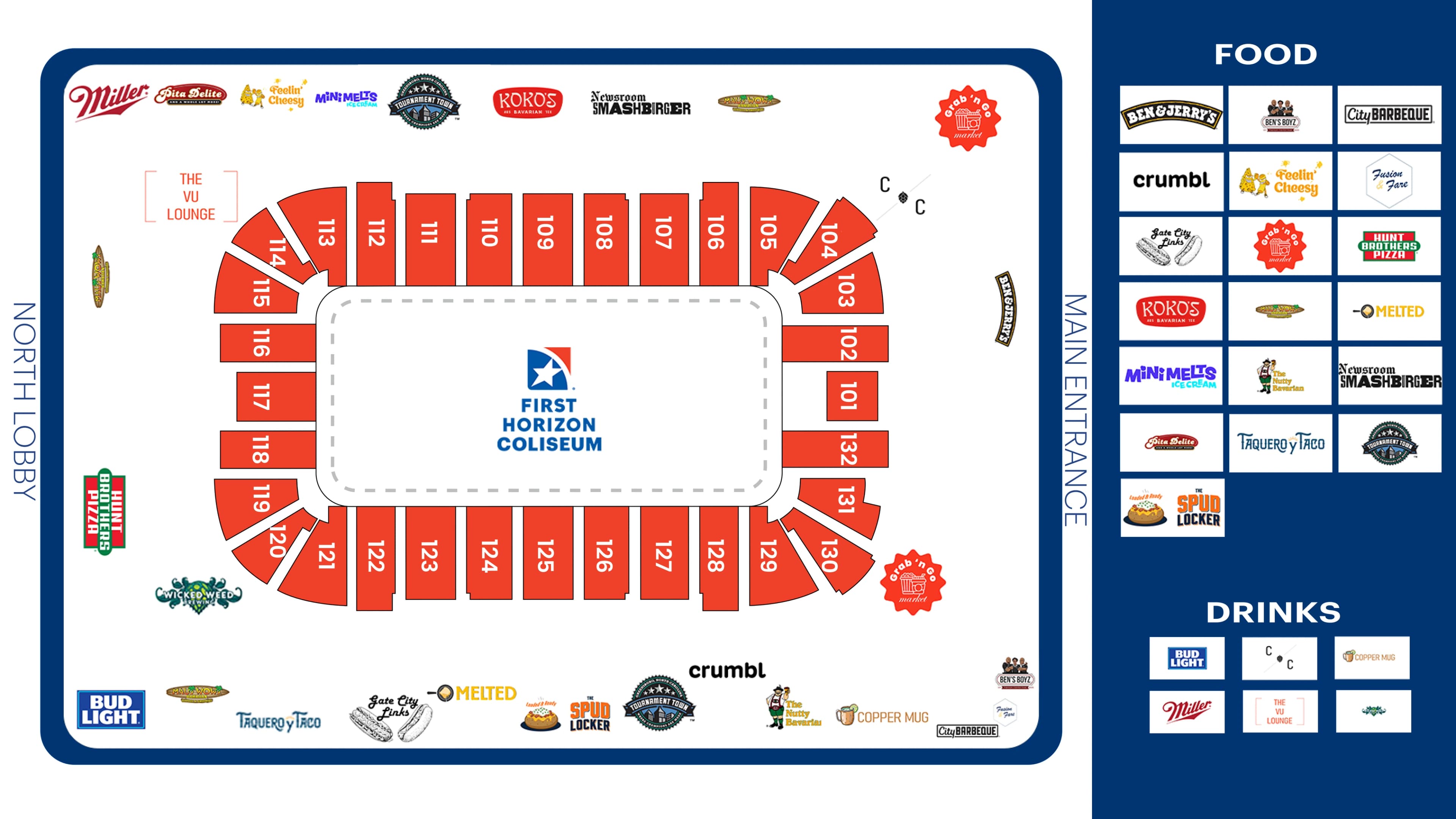 First Horizon Coliseum: Venue layout, First Horizon Coliseum — lower-concourse concessions, October 2026. Use the original map for routes and visitor facilities.
