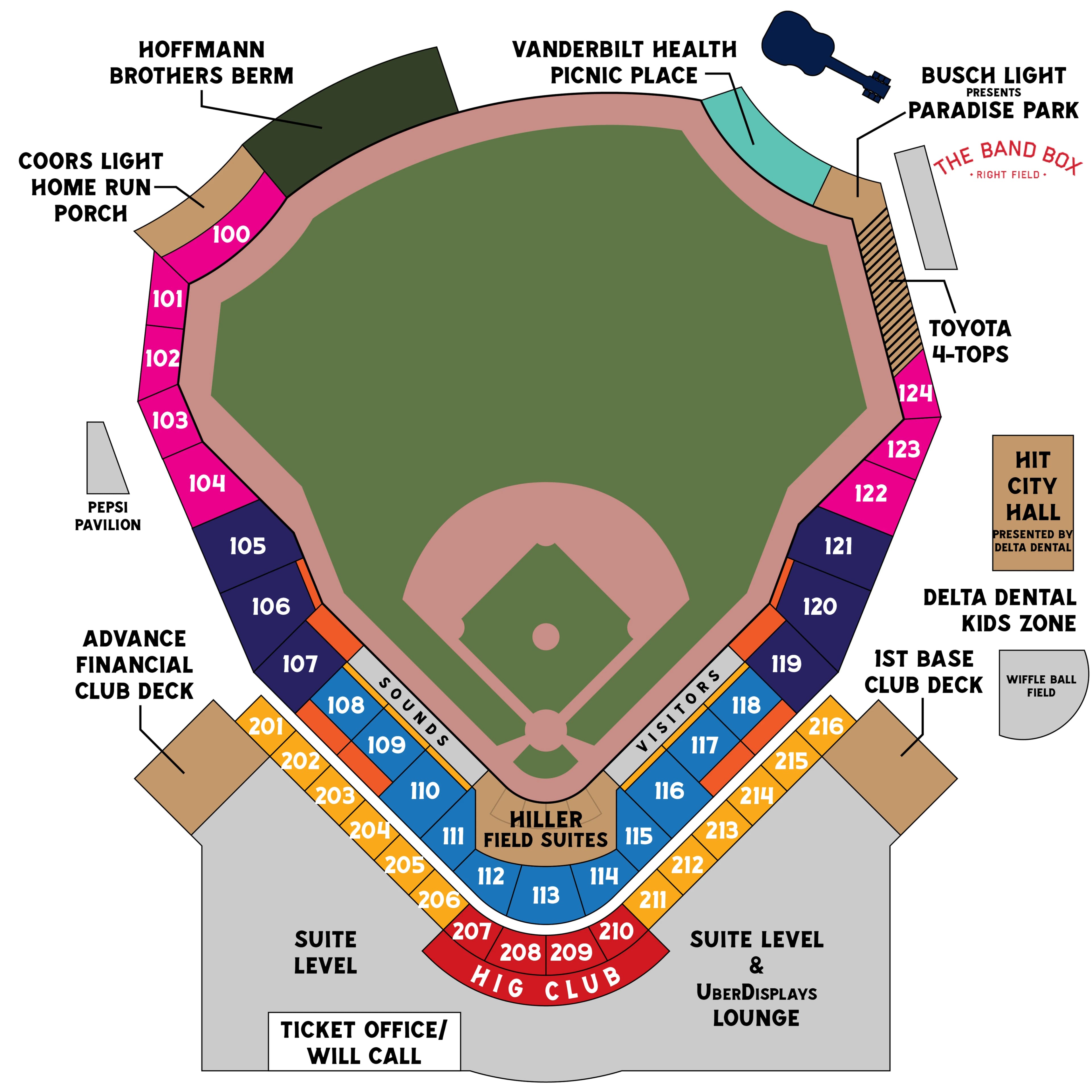 First Horizon Park: Seating chart, Baseball · First Horizon Park numbered sections and hospitality areas. Use the source chart for section and row details.