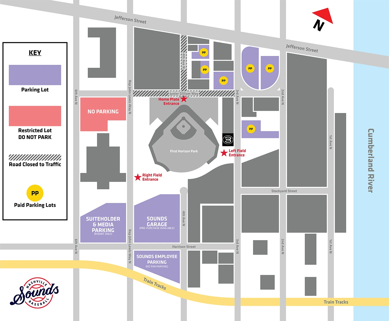 First Horizon Park: Venue layout, Arrival · First Horizon Park parking, entrances and traffic restrictions. Use the original map for routes and visitor facilities.