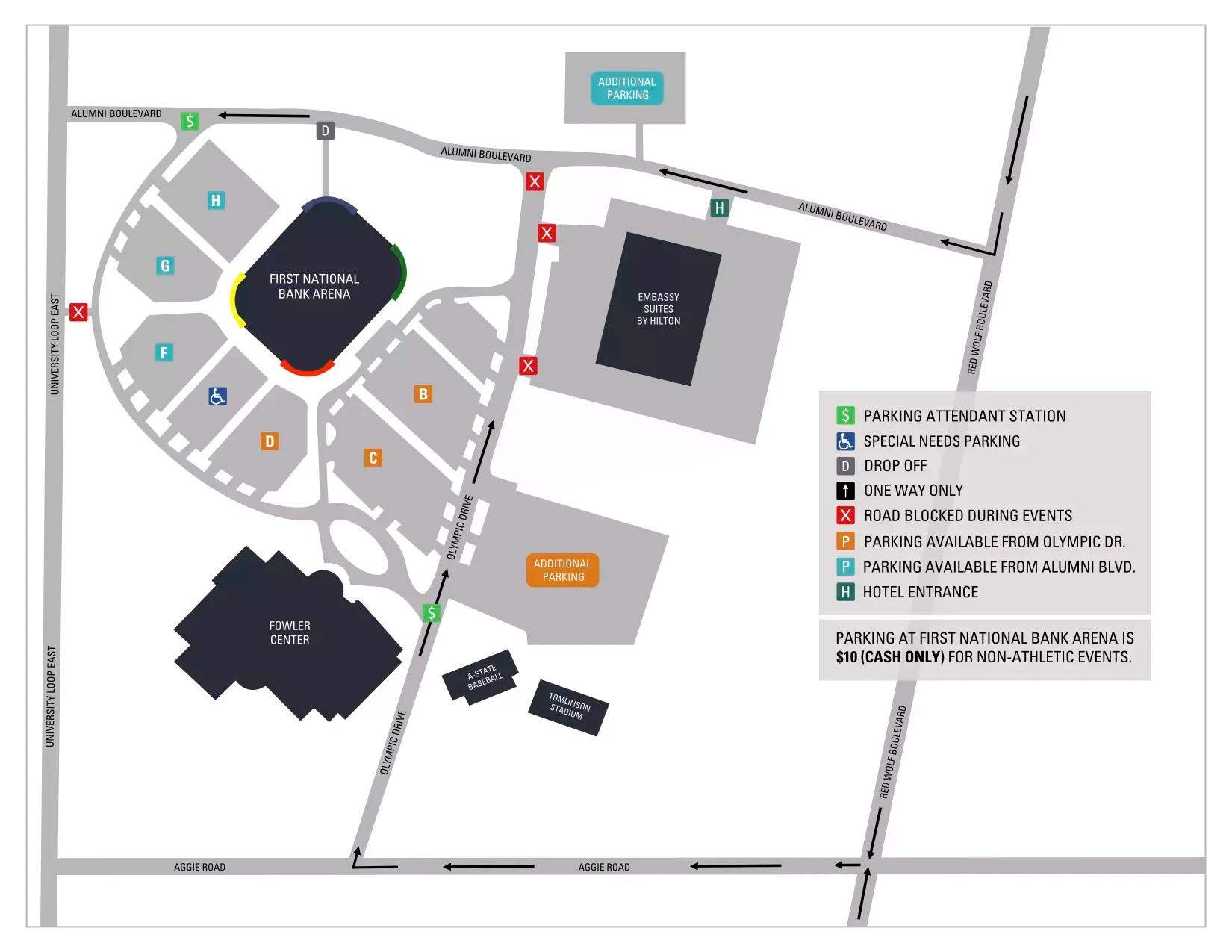 First National Bank Arena: Venue layout, Arena parking orientation · linked volleyball visitor guide. Use the original map for routes and visitor facilities.