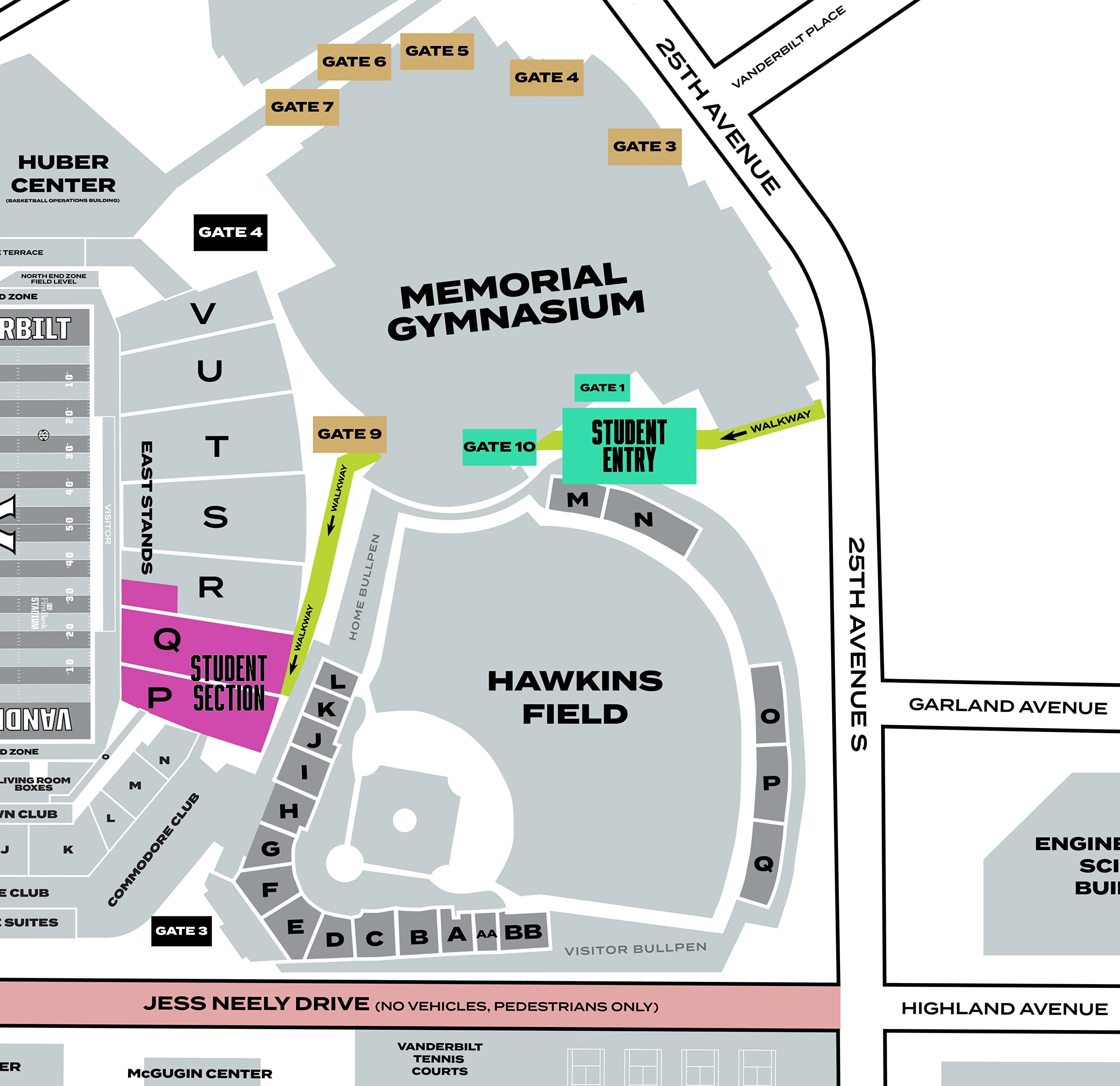 FirstBank Stadium: Venue layout, FirstBank Stadium — official 2026 student-entry plan. Use the original map for routes and visitor facilities.