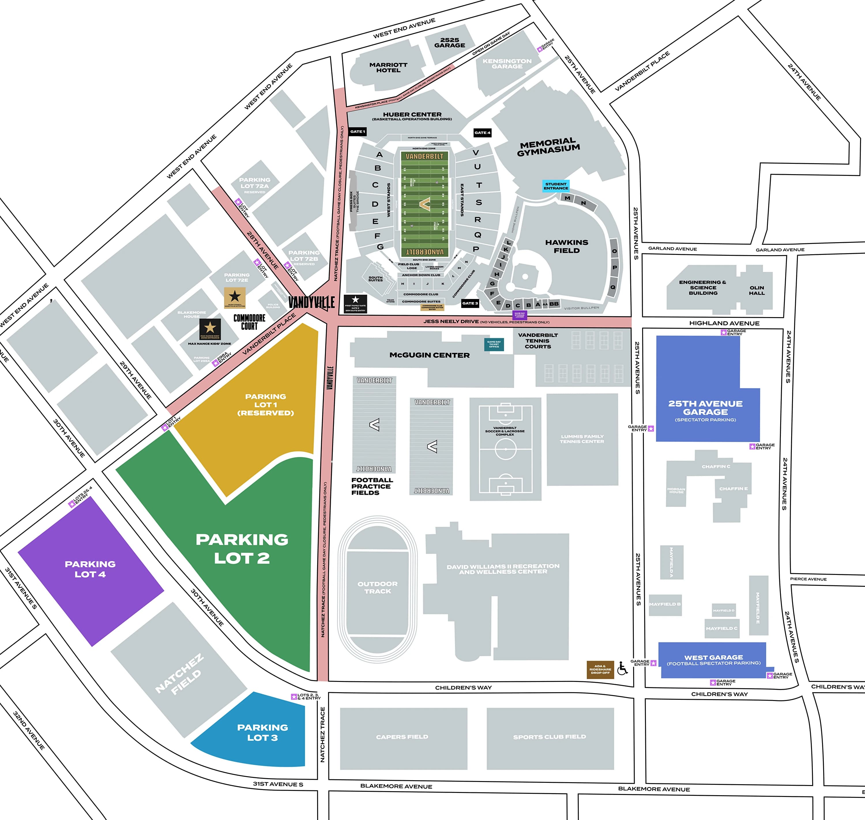 FirstBank Stadium: Venue layout, Vanderbilt — official 2026 season parking plan. Use the original map for routes and visitor facilities.