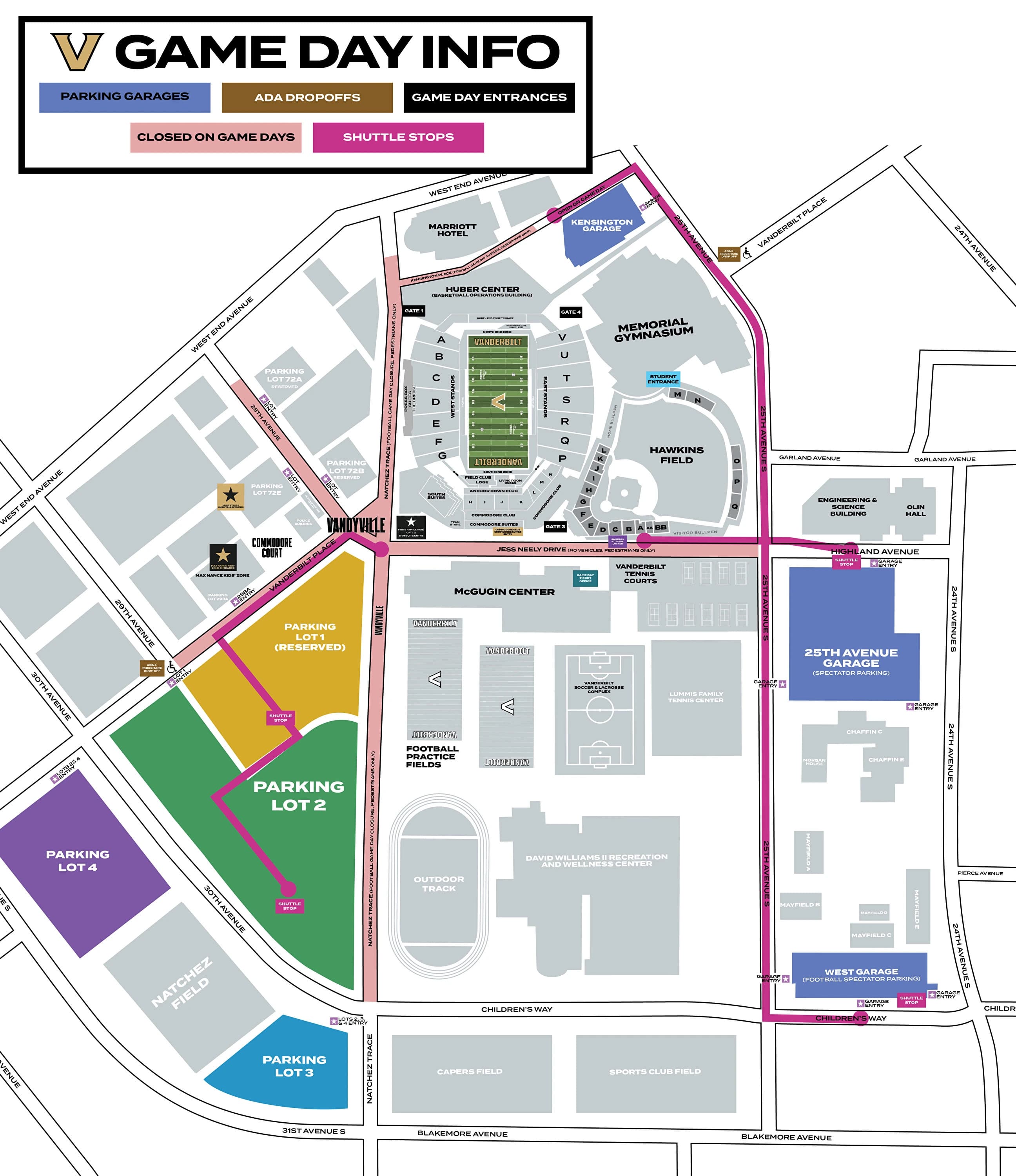 FirstBank Stadium: Venue layout, Vanderbilt — official 2026 fan assistance and approach plan. Use the original map for routes and visitor facilities.