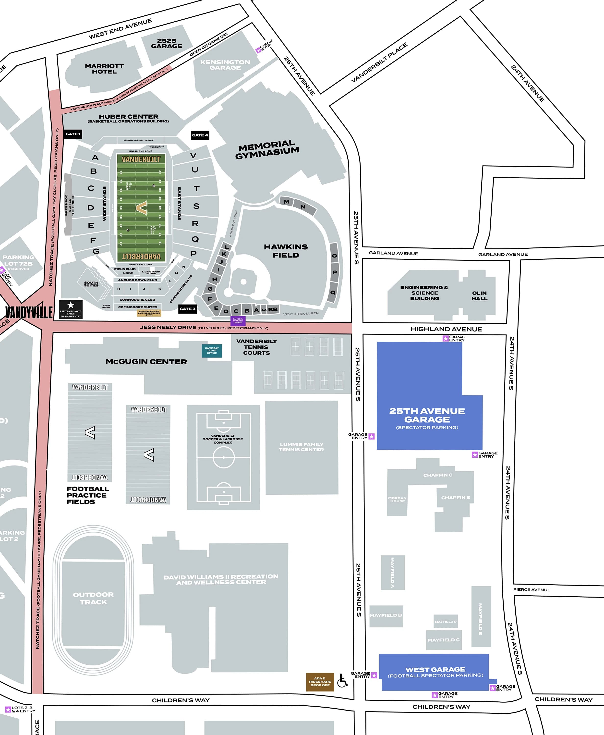 FirstBank Stadium: Venue layout, Vanderbilt — official 2026 single-game parking plan. Use the original map for routes and visitor facilities.