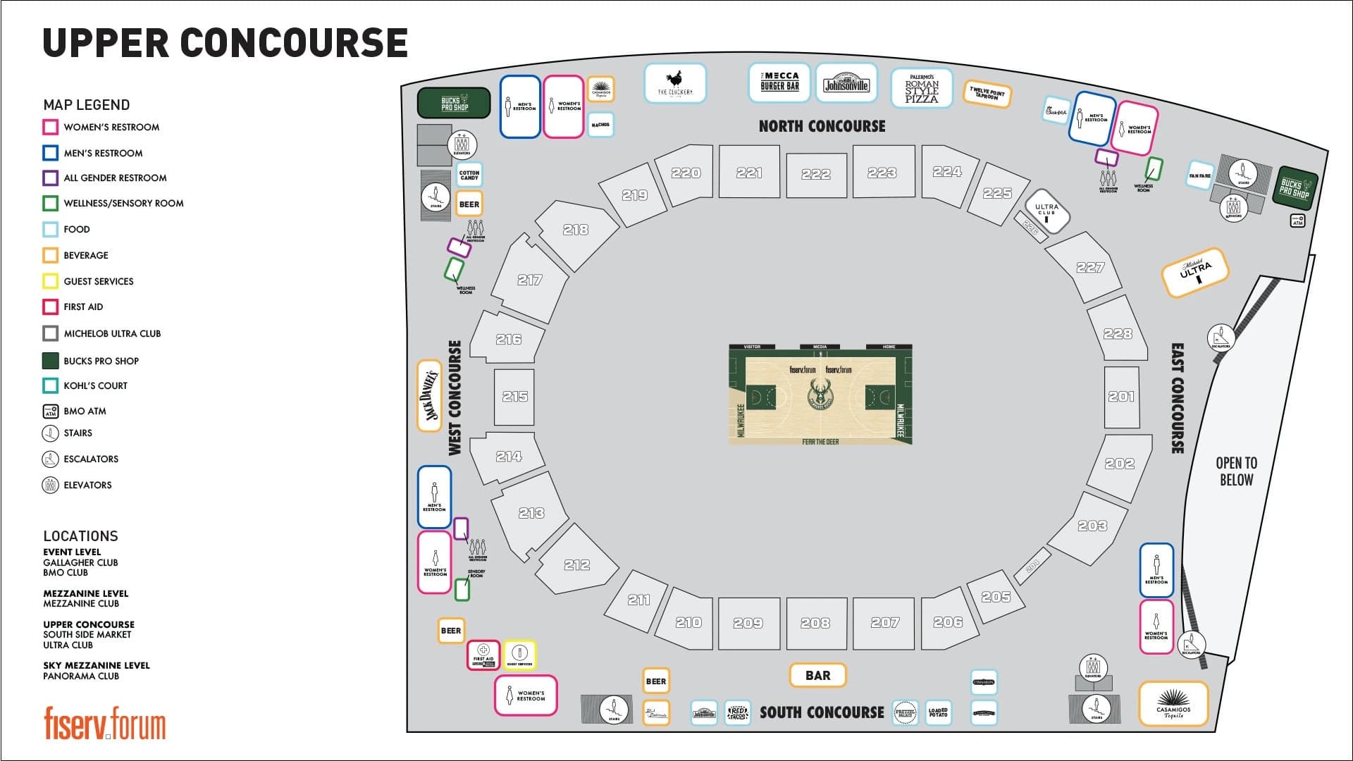 Fiserv Forum: Venue layout, Fiserv Forum — Upper Concourse amenities and sections. Use the original map for routes and visitor facilities.