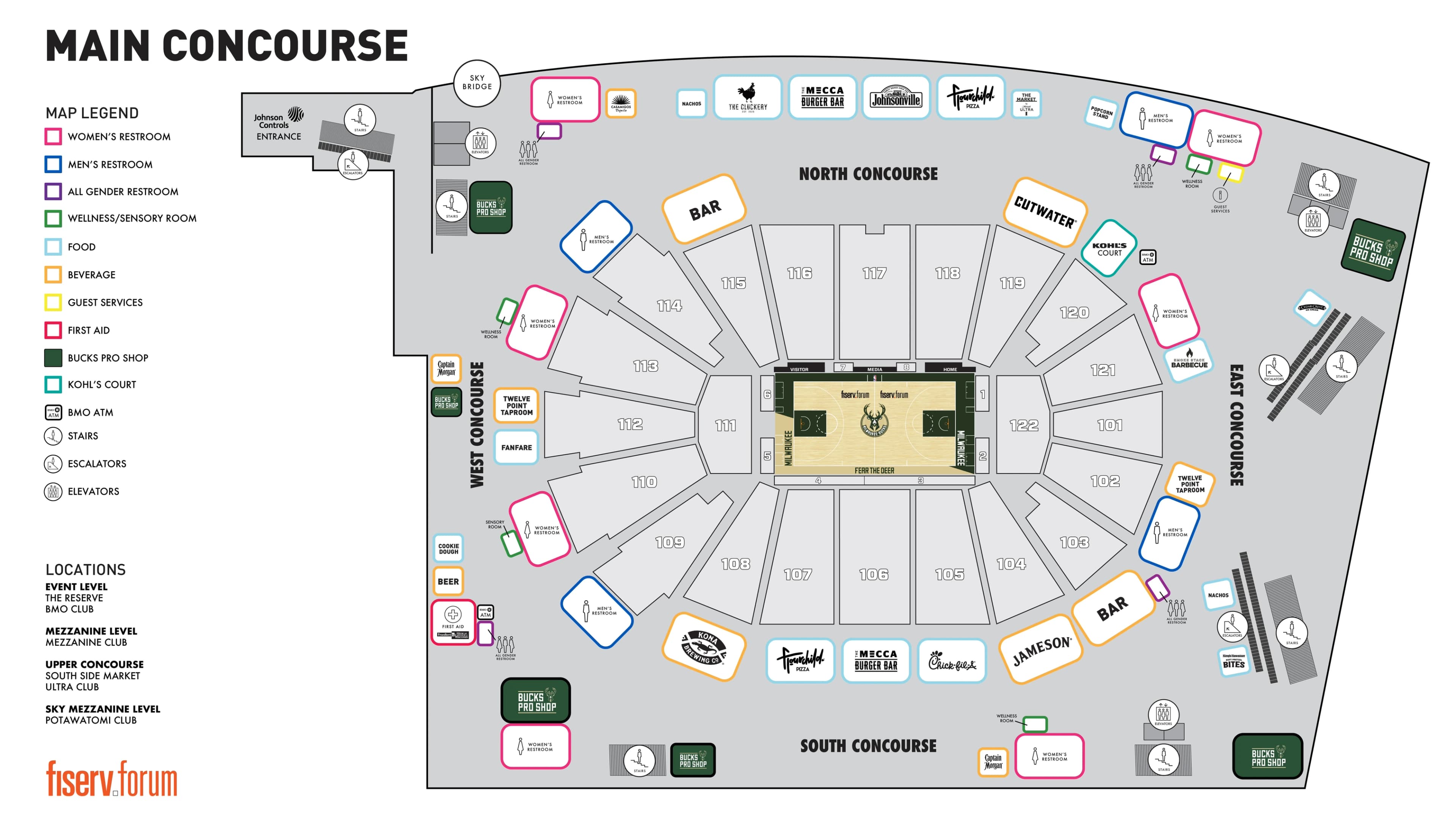 Fiserv Forum: Venue layout, Fiserv Forum — Main Concourse amenities and sections. Use the original map for routes and visitor facilities.