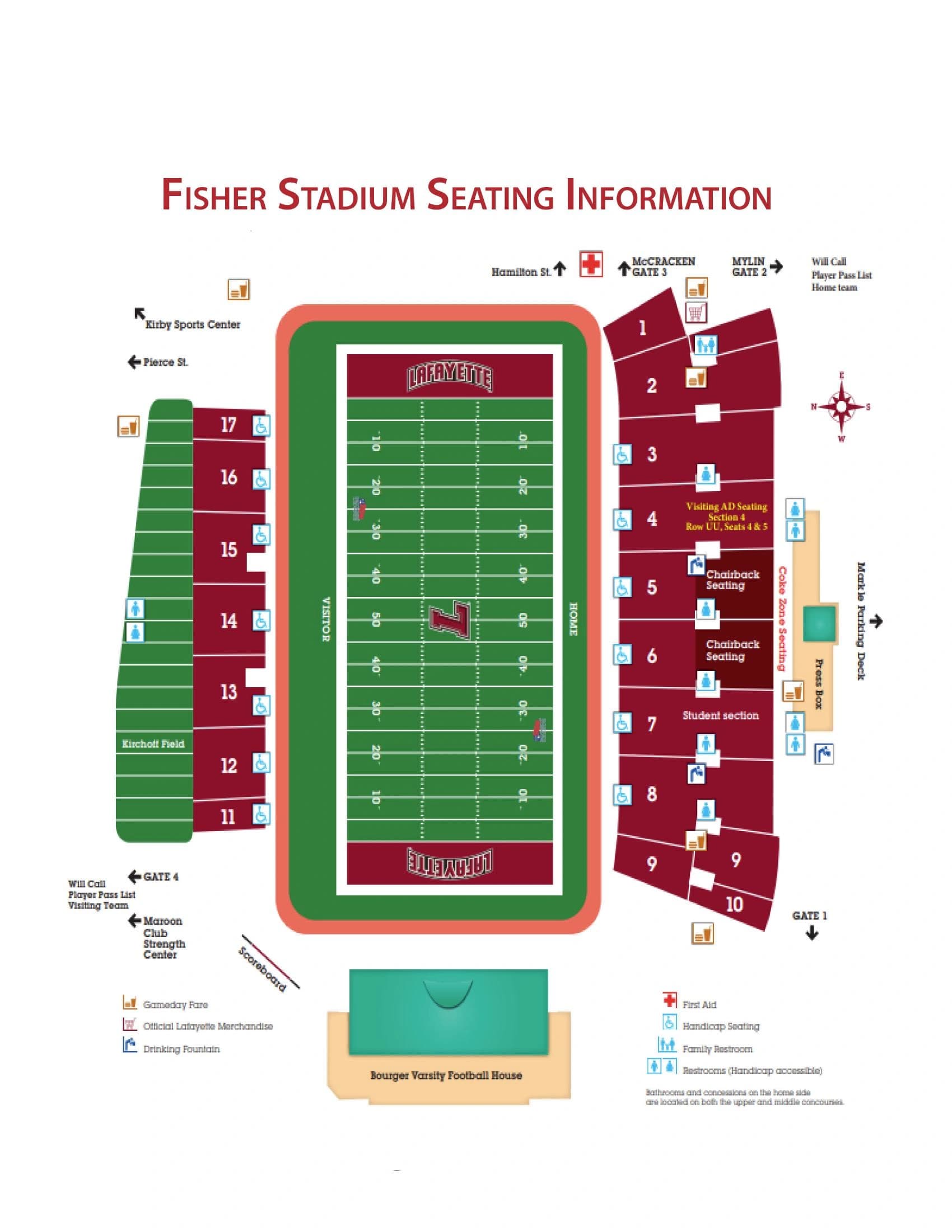 Fisher Stadium: Seating chart, Football seating, gates and amenities — owner’s linked September 2025 PDF. Use the source chart for section and row details.