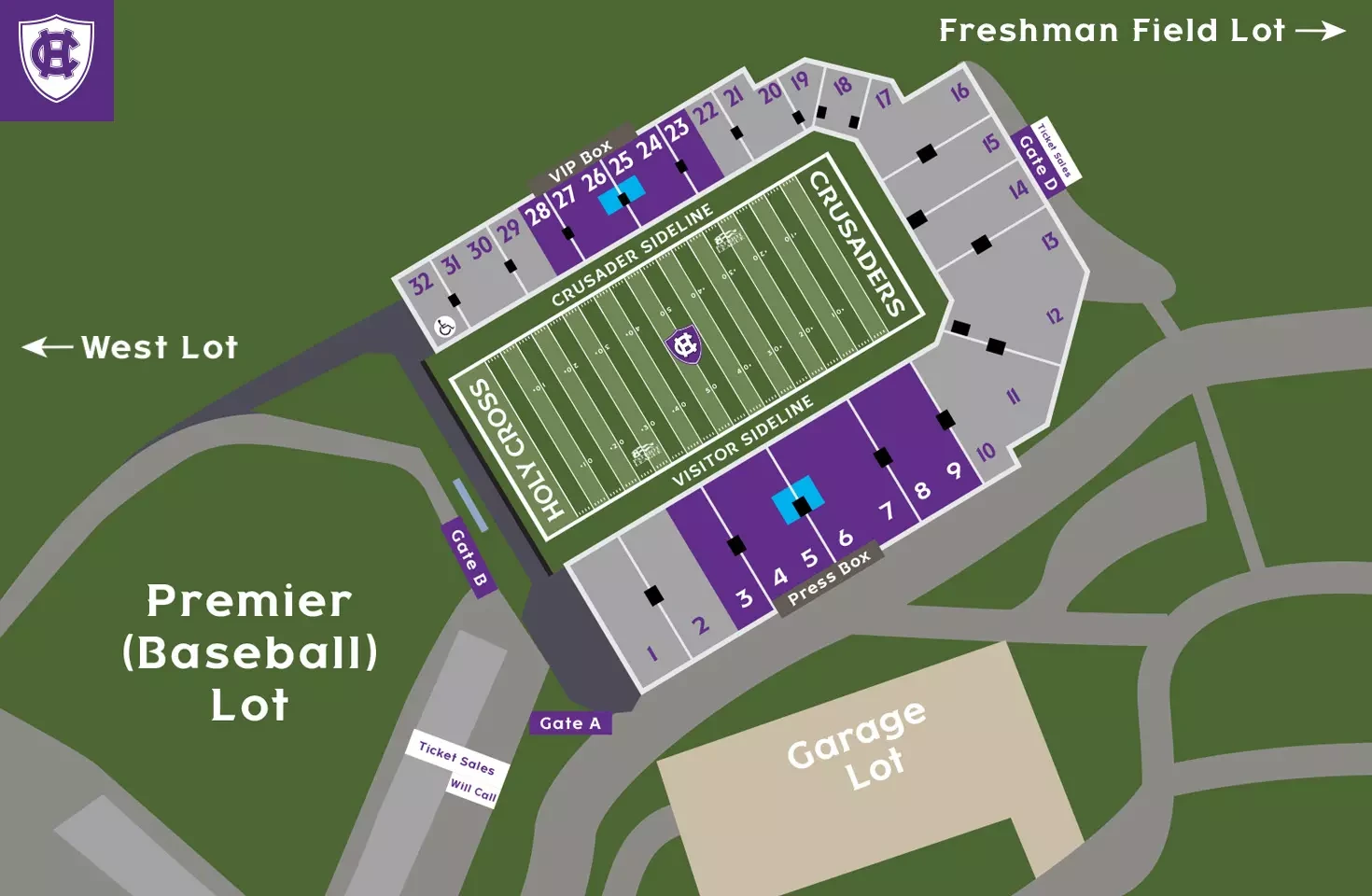 Fitton Field: Venue layout, Holy Cross — official March 2026 Fitton Field parking and entrance plan. Use the original map for routes and visitor facilities.