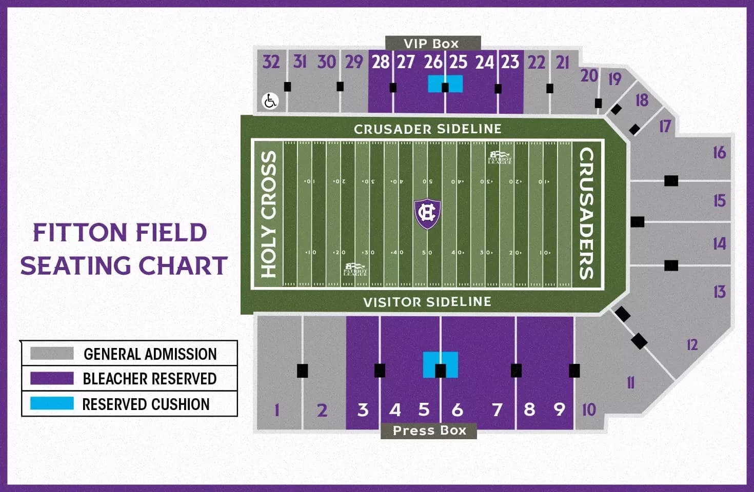 Fitton Field: Seating chart, Holy Cross — current-linked Fitton Field football seating chart. Use the source chart for section and row details.