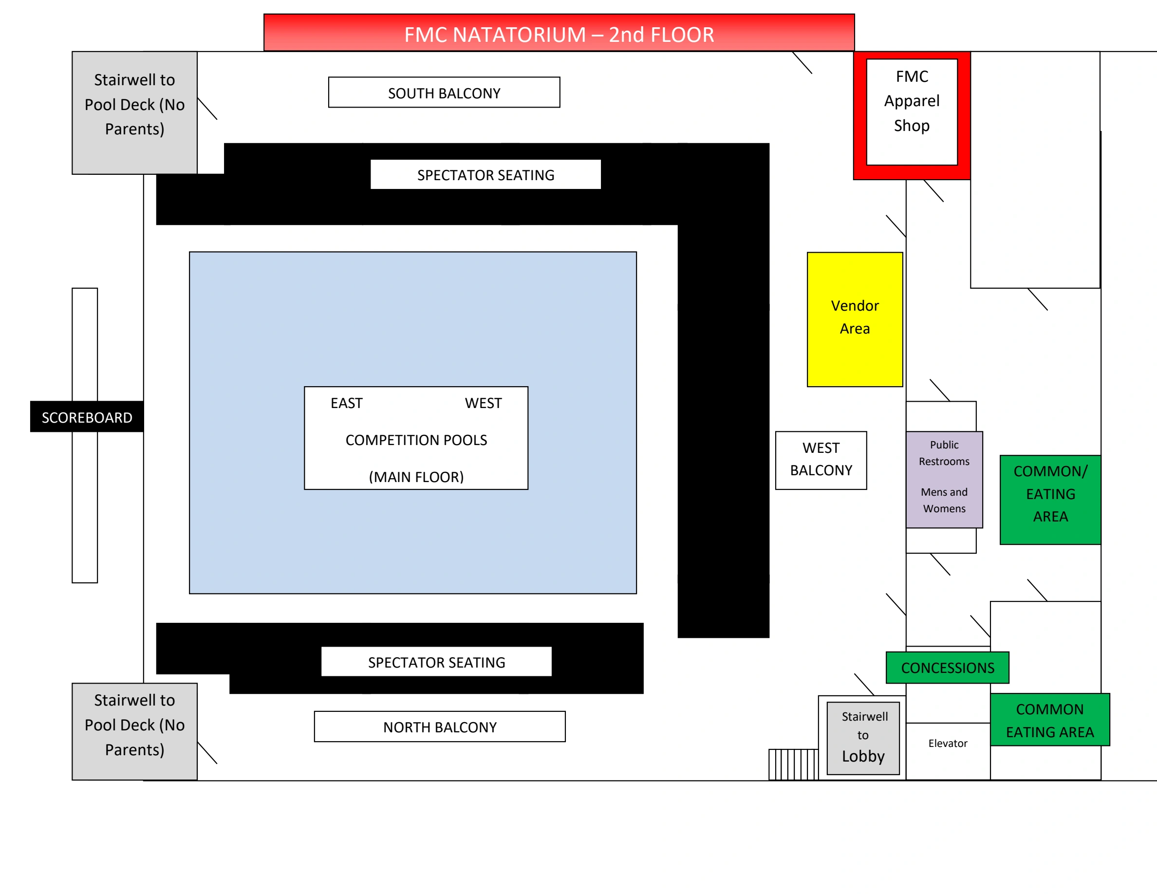 FMC Natatorium at Ty Warner Park: Venue layout, FMC Natatorium · January 2022 balcony and spectator-area reference. Use the original map for routes and visitor facilities.