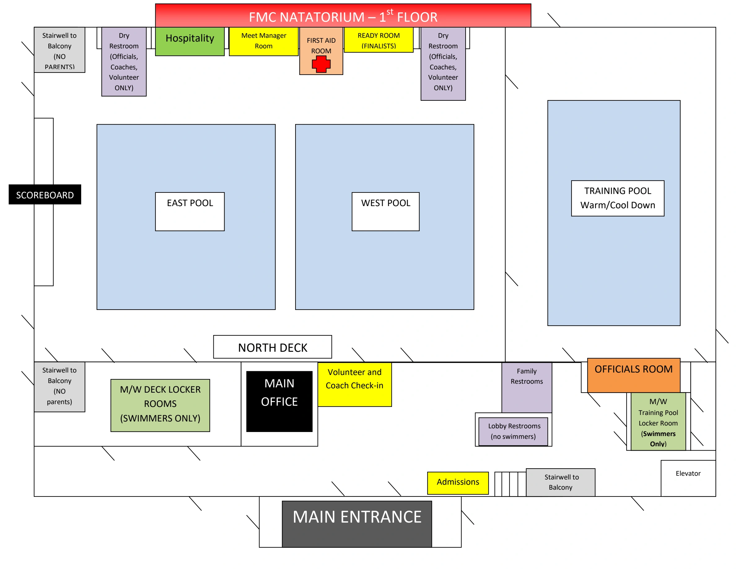FMC Natatorium at Ty Warner Park: Venue layout, FMC Natatorium · January 2022 first-floor orientation reference. Use the original map for routes and visitor facilities.