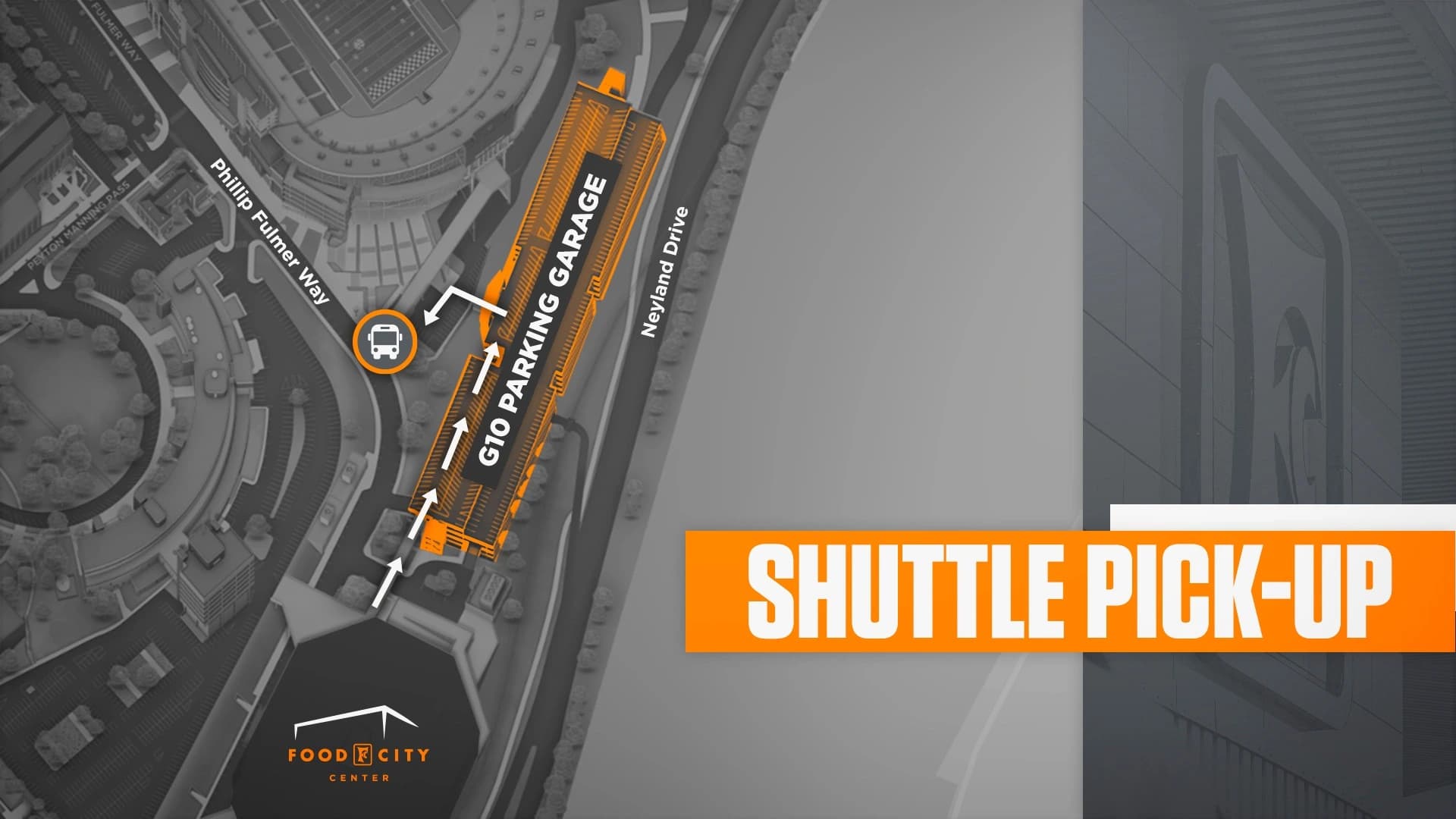 Food City Center: Venue layout, Food City Center — 2026 pedestrian route to postgame shuttles. Use the original map for routes and visitor facilities.