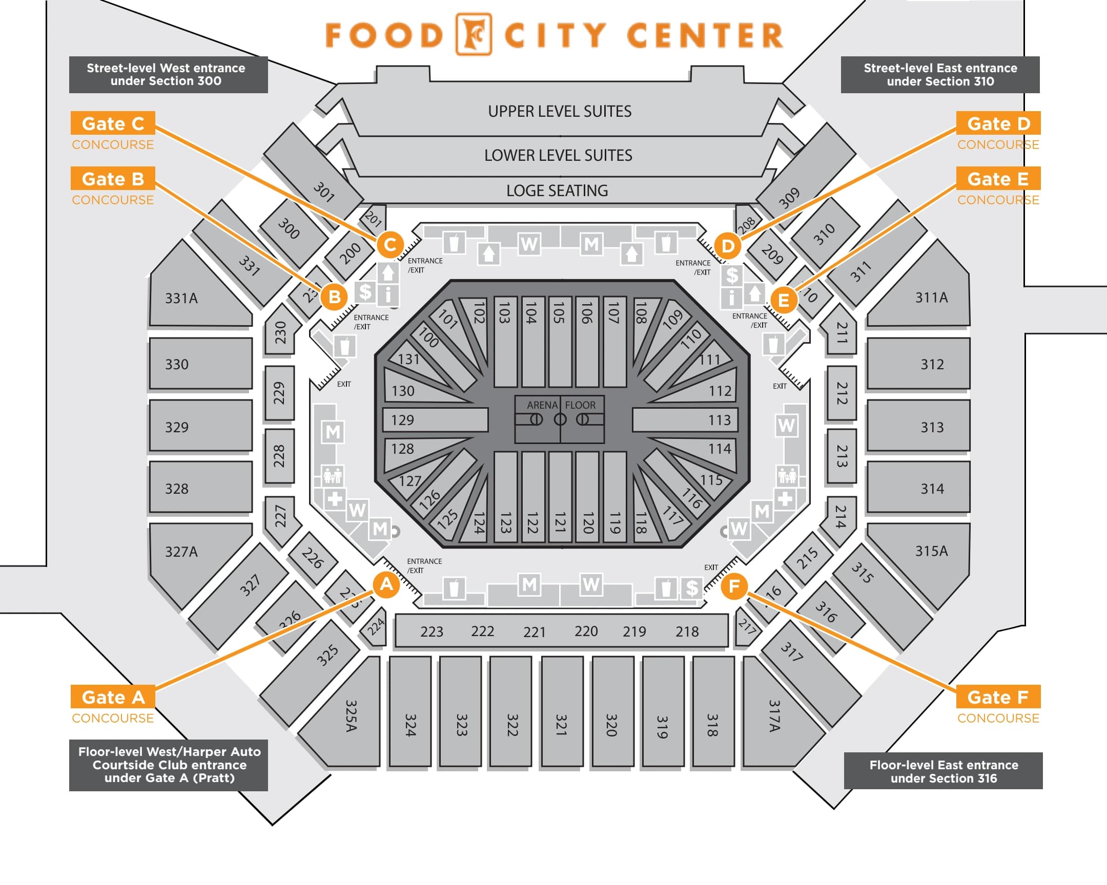 Food City Center: Venue layout, Food City Center — 2025–26 gates and concourse orientation. Use the original map for routes and visitor facilities.