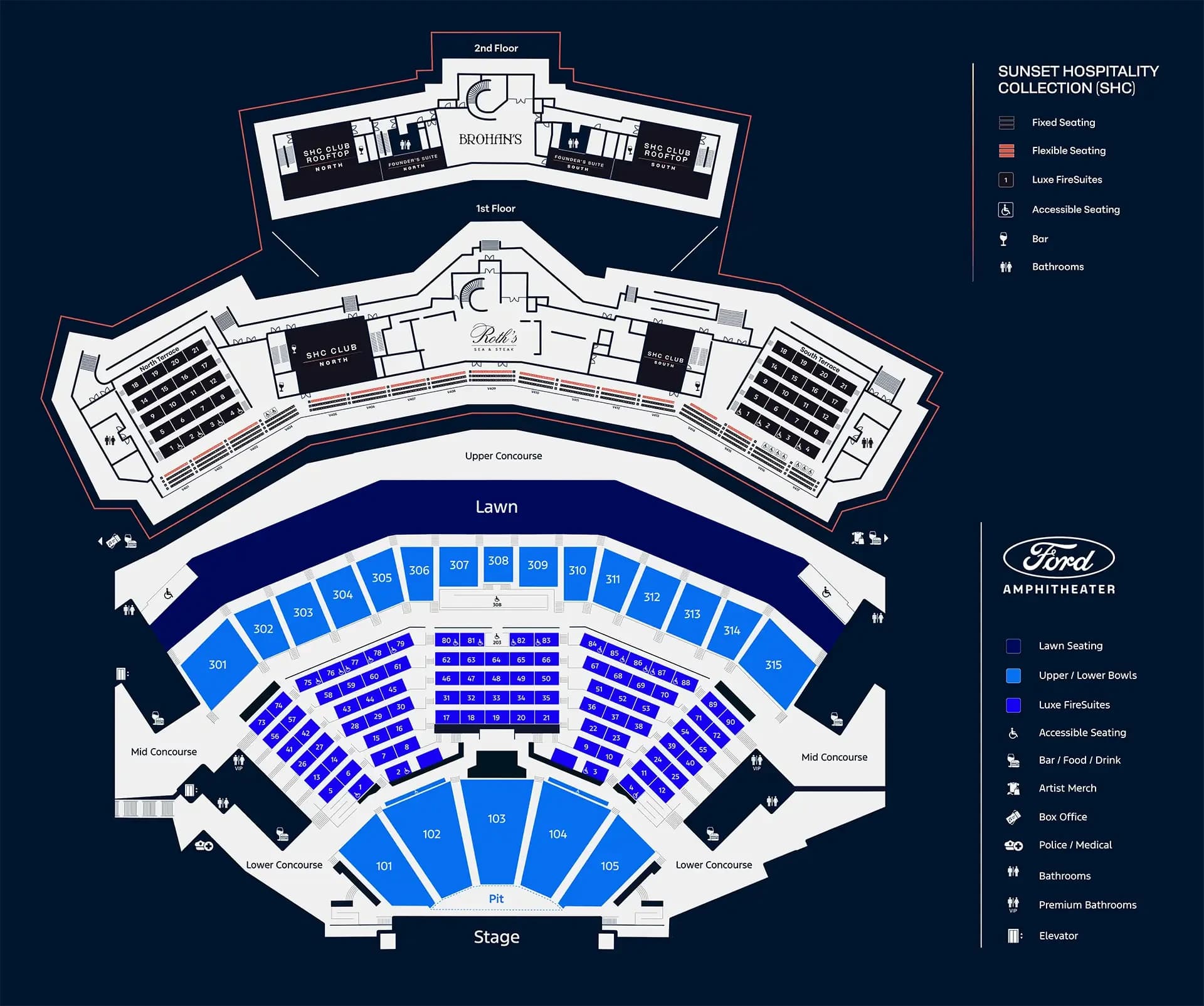 Ford Amphitheater: Seating chart, Ford Amphitheater — official seating, FireSuites and concourse map. Use the source chart for section and row details.