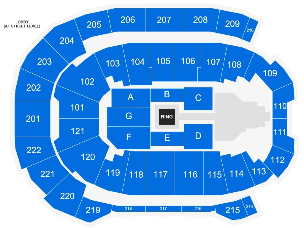Ford Center: Seating chart, WWE event example · Ford Center bowl and ringside floor sections. Use the source chart for section and row details.
