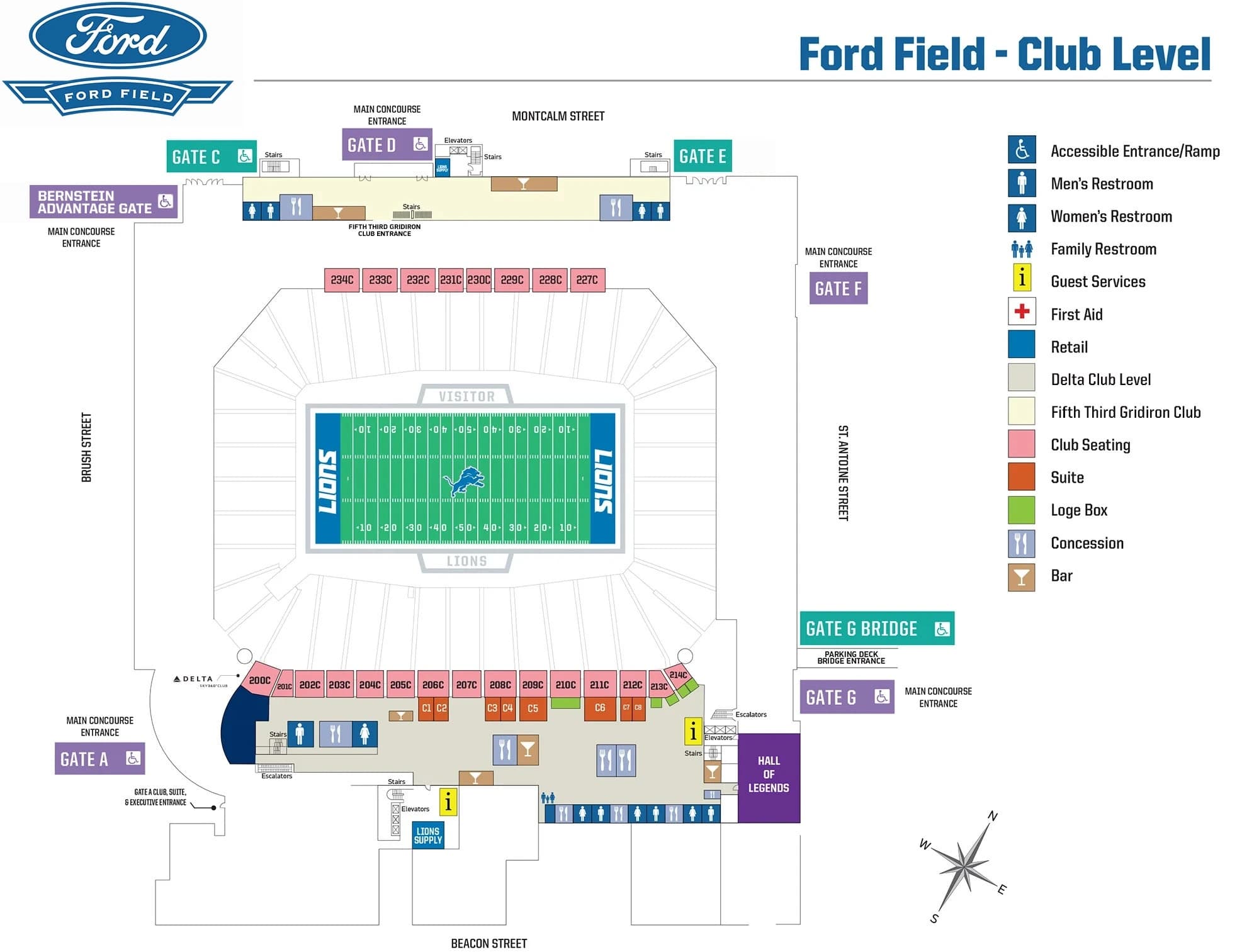 Ford Field: Venue layout, Ford Field — 2026 Club Level wayfinding. Use the original map for routes and visitor facilities.