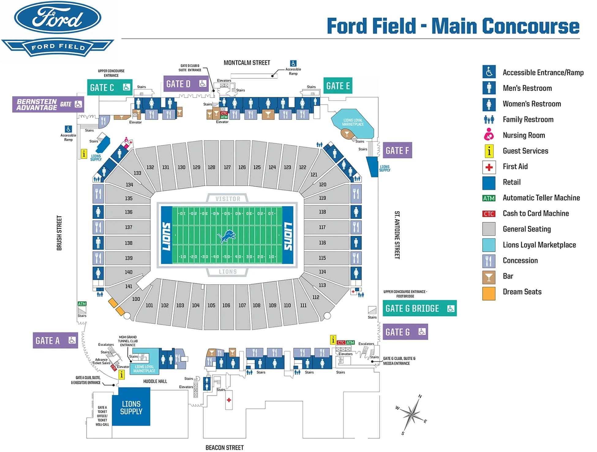 Ford Field: Venue layout, Ford Field — 2026 Main Concourse wayfinding. Use the original map for routes and visitor facilities.