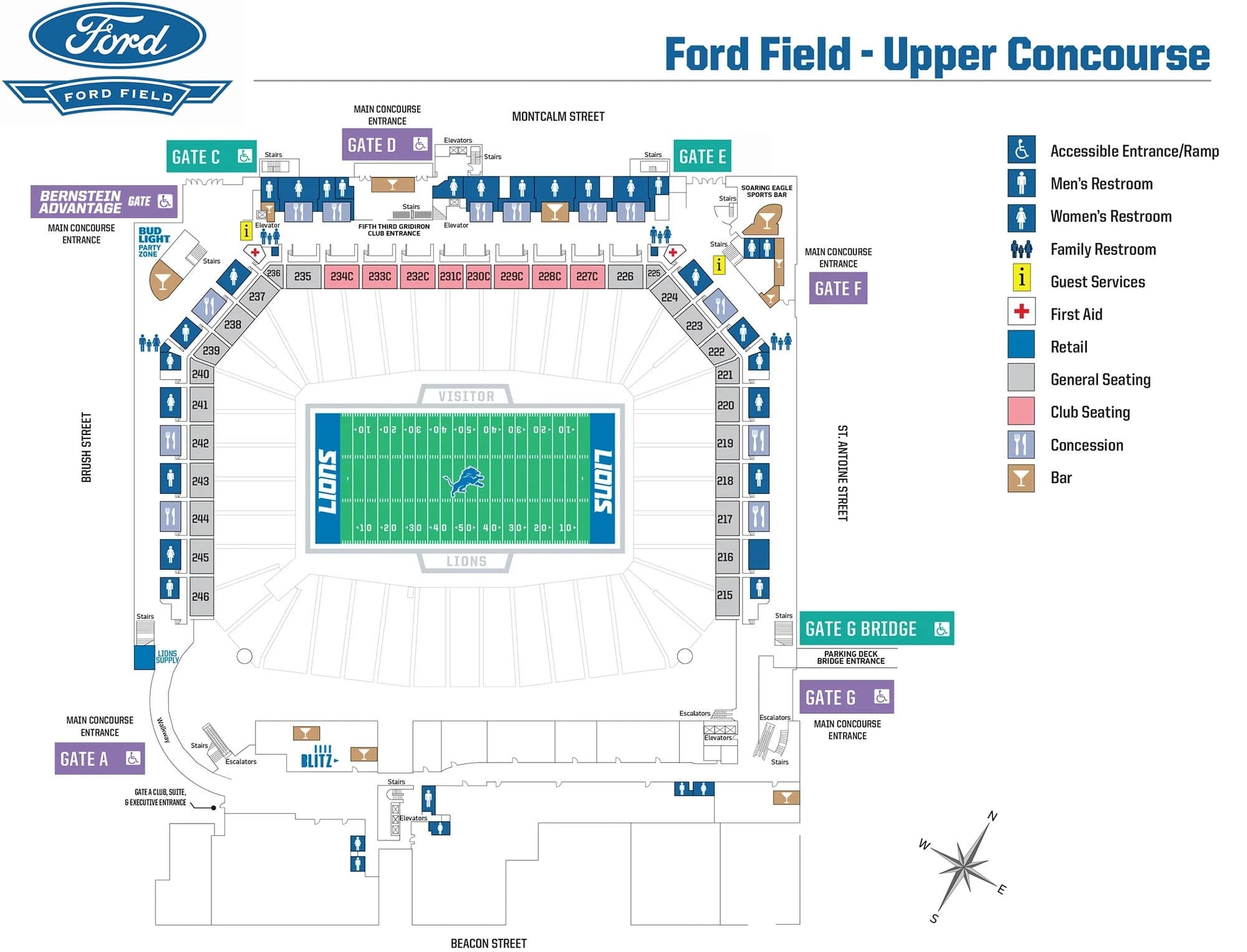 Ford Field: Venue layout, Ford Field — 2026 Upper Concourse wayfinding. Use the original map for routes and visitor facilities.