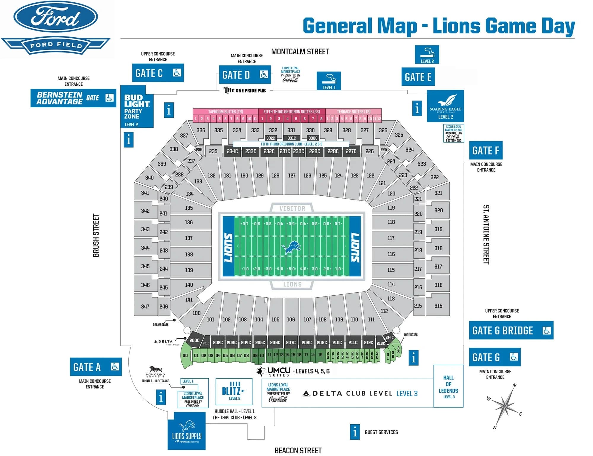 Ford Field: Seating chart, Ford Field — 2026 Lions Game Day general seating map. Use the source chart for section and row details.