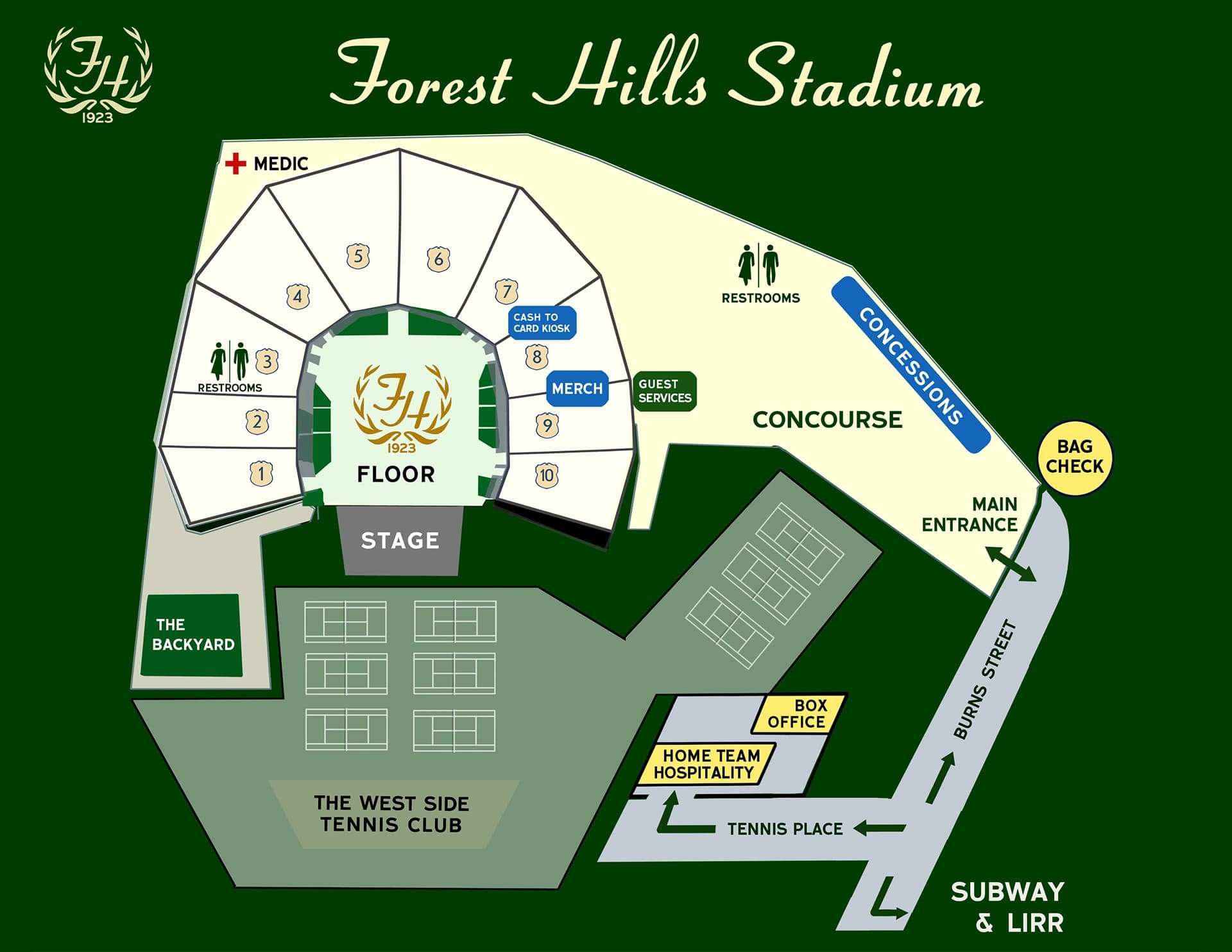 Forest Hills Stadium: Seating chart, Concert · seating and facilities. Use the source chart for section and row details.