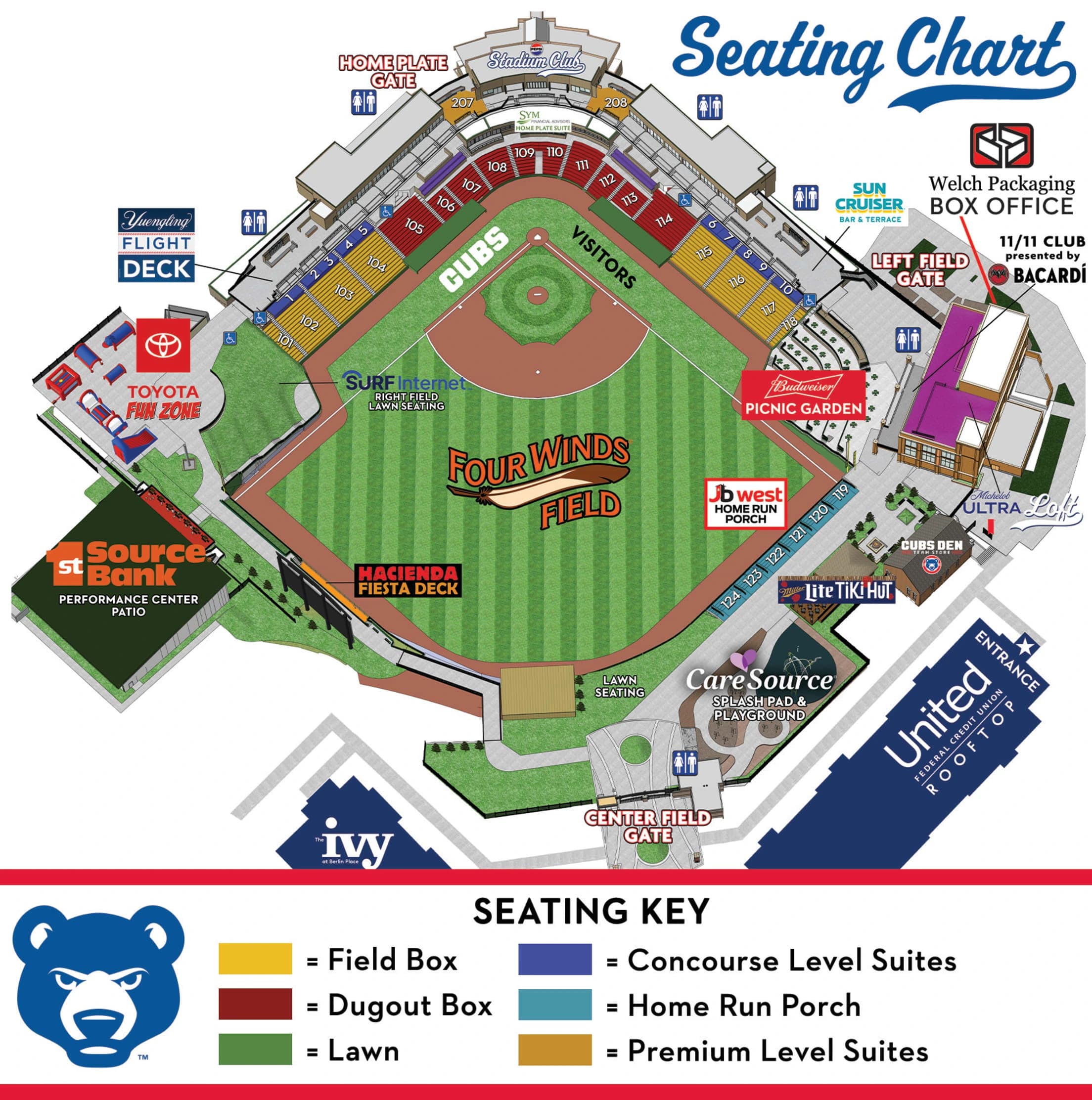 Four Winds Field: Seating chart, Four Winds Field — official 2026 seating chart and expanded layout. Use the source chart for section and row details.