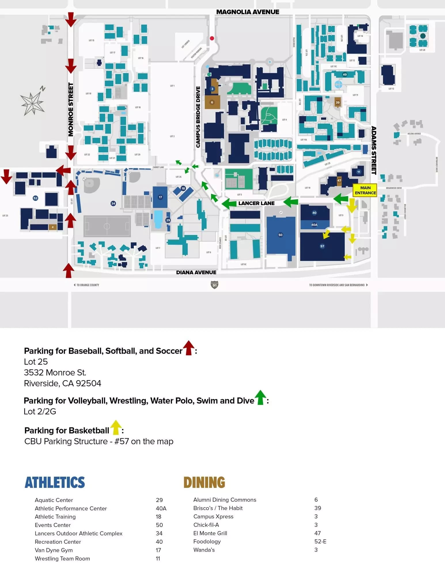 Fowler Events Center: Venue layout, CBU campus — basketball parking approach. Use the original map for routes and visitor facilities.